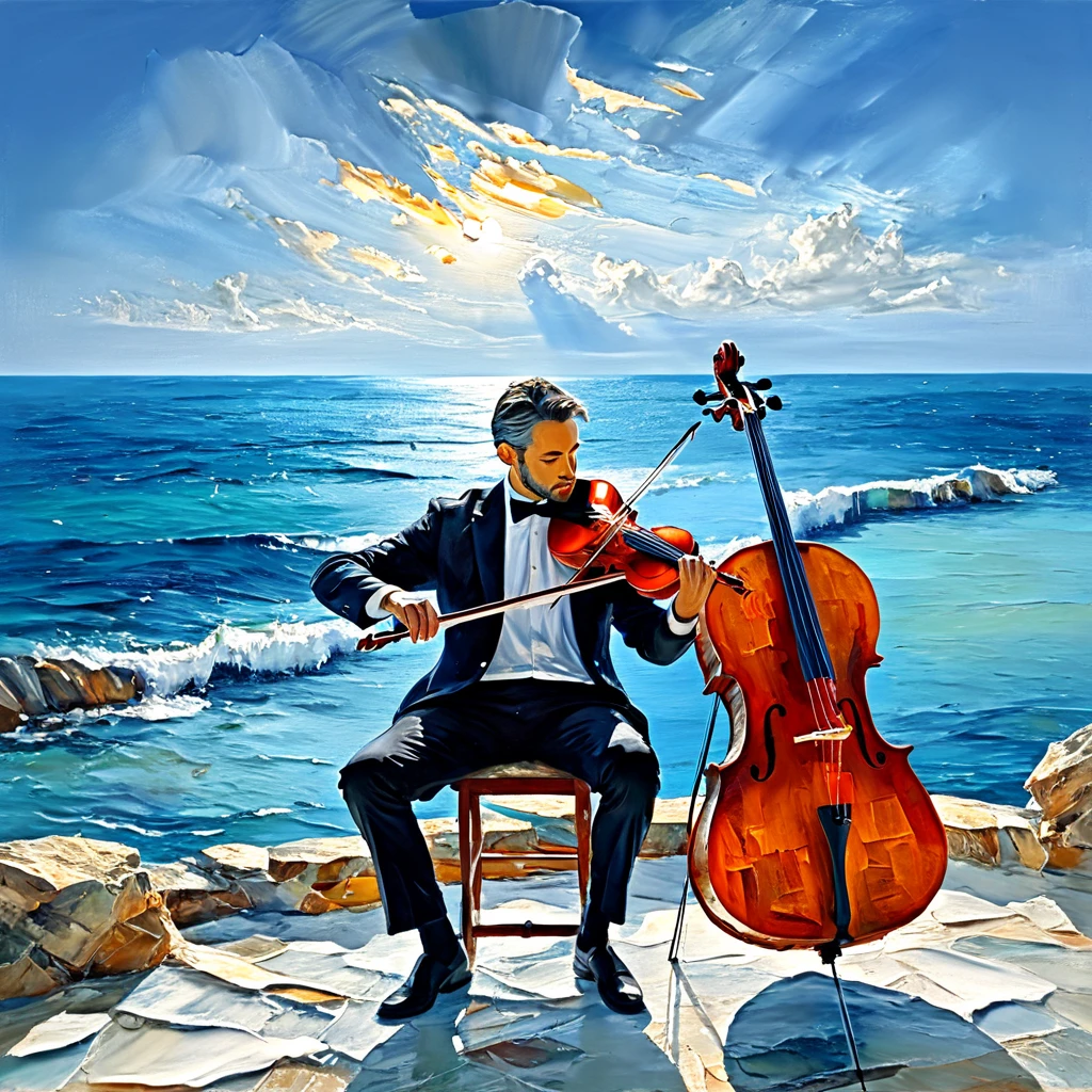 Image of a musician playing the cello in front of the sea.  masterpiece,  Precise,  High Details, impasto, impresionismo. 