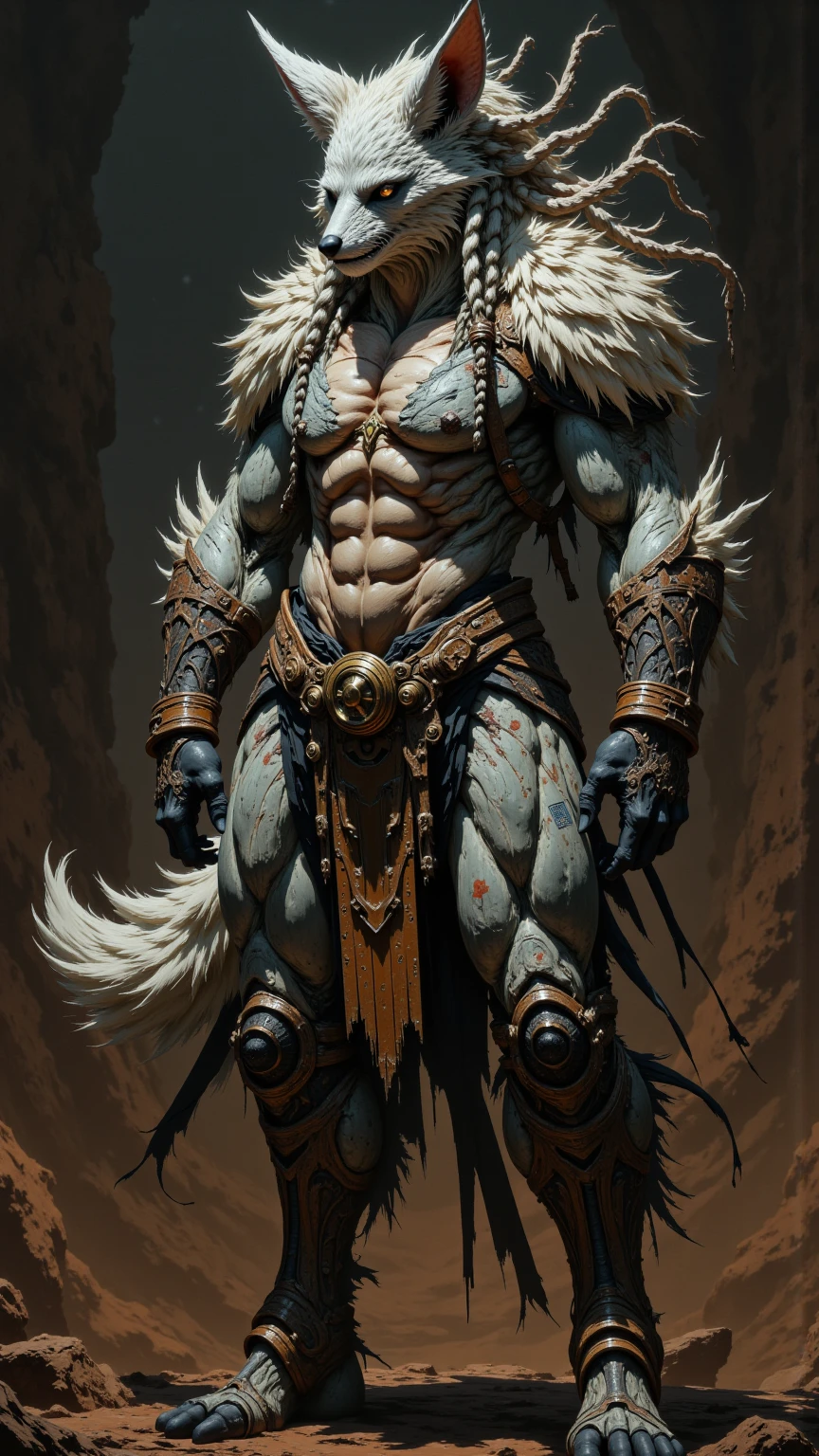 a hairy and muscular grey and white fox woman, stocky and bulky, athletic, wearing fingerless leather gauntlets, long braided dreadlocks, scars and tattoos, grey and white fox fur bra and loincloth, long ear like a fox, body full covered by grey and white fox fur, hyper detailled, 8k, photorrealistic, dramatic lighting, film composition, dark and moody atmosphere, warm color palette, martial artist, action pose