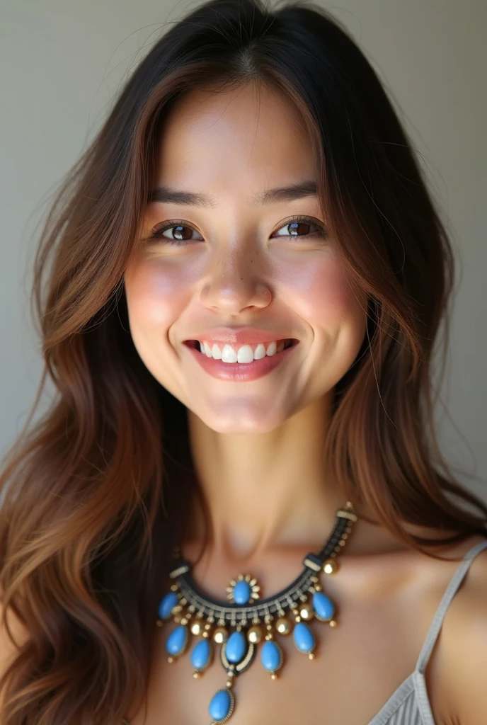 A portrait of a young woman with long, wavy brown hair worn loose. She has fair skin with slightly flushed cheeks, clear, glowing eyes, and a soft, natural smile. The woman is wearing an eye-catching necklace featuring blue stones and gold details, adding an elegant touch. The lighting is soft and natural, highlighting the facial features. The background is neutral, free of distractions, emphasizing the serene and friendly expression of the subject."