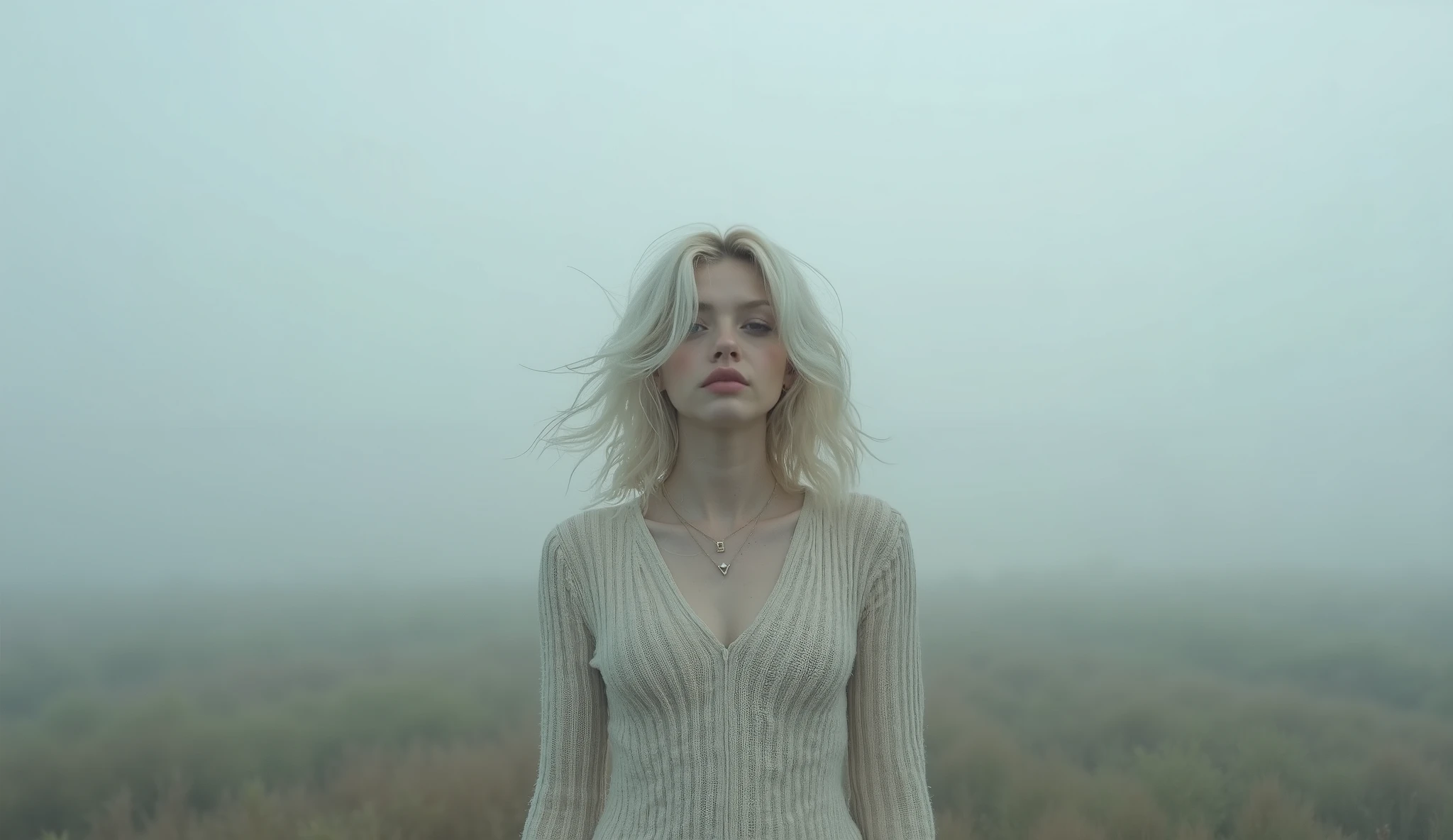 (masterpiece, best image quality , 8k), real photo , perfection of fashion, full body, frontal, faint smile,Outdoor, Exquisitely Painted , Realistic, ultra high definition , ultra high definition , smooth skin , highly detailed , High quality, high quality, high resolution, out of focus background,female, standing alone in a misty field,Wandering through the clouds,18-year-old Ukrainian beauty , platinum blond hair wandering through the clouds ,It's foggy