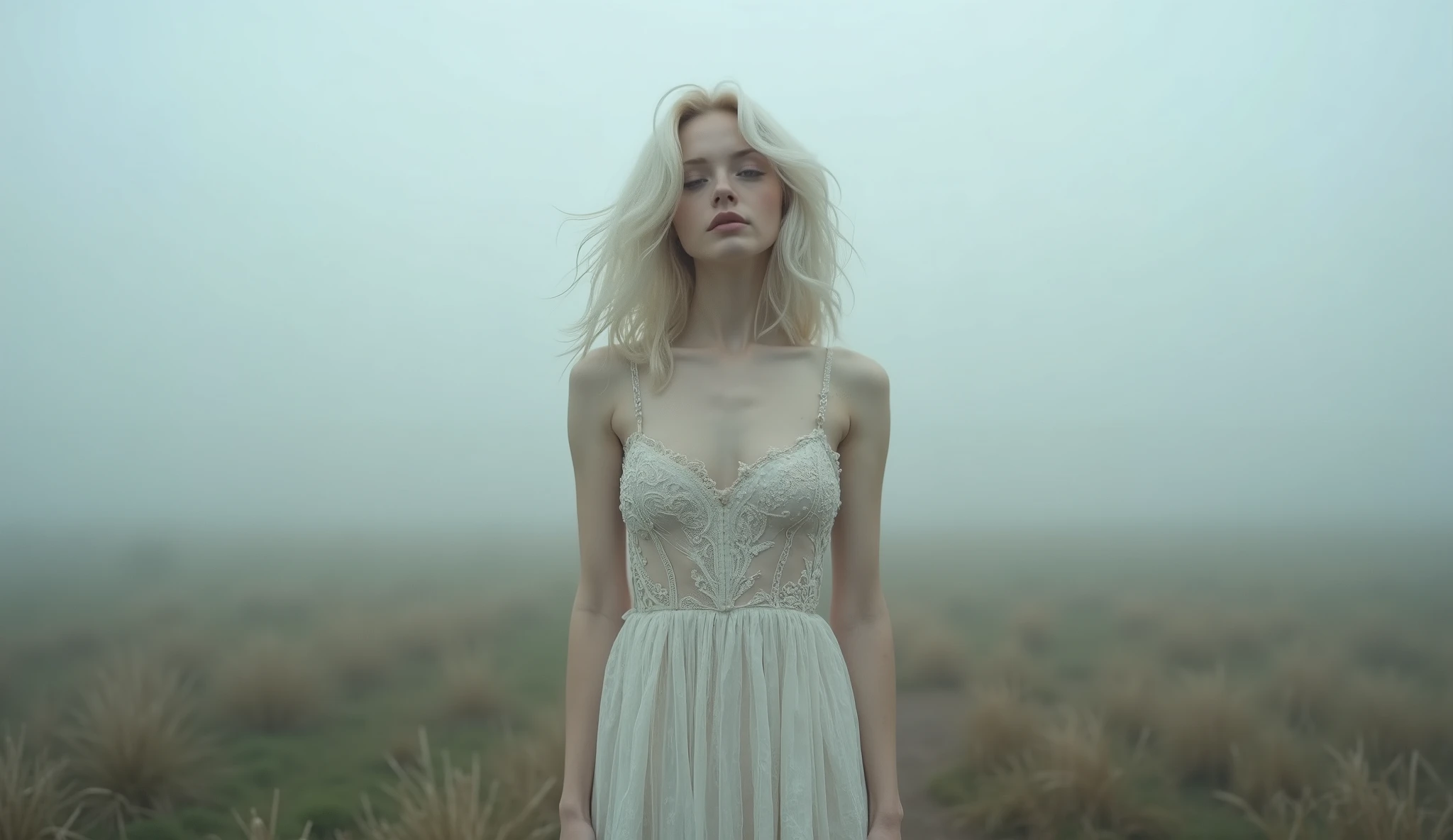 (masterpiece,  best image quality , 8k),  real photo , perfection of fashion, full body, frontal, faint smile,Outdoor, Exquisitely Painted , Realistic,  ultra high definition , ultra high definition ,  smooth skin ,  highly detailed , High quality,  high quality,  high resolution, out of focus background,female, standing alone in a misty field,Wandering through the clouds,18-year-old Ukrainian beauty , platinum blond hair wandering through the clouds ,It's foggy