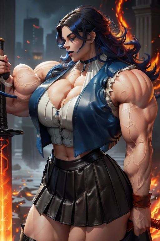 ((((Massive tall, beautiful, buff, pale white skinned muscular woman with royal blue hair, black lipstick, ginormous bulky muscles, surrounded by royal blue flames and wearing an half button down black blouse with pleated skirt and leather coat)))), close view, massive muscle, massive biceps, hyper muscle shoulders, ((ginormous muscle arms)), hyper muscle triceps, (long wavy curly hair), white eyes, choker, pleated skirt, (chain belt), black coat, black boots, (fingerless gloves), (royal blue smoke surrounding the body), in a darken skyscraper office, sexy glare, night, hyper vascular arm, hyper muscles arms, hyper muscle legs, (ginormous arms).