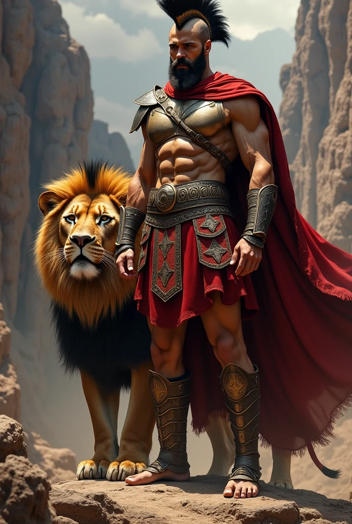 Young cute handsome white face beautiful skinny shirtless with a lion shield in his hand sky red gray, and a red white and blue tri flag