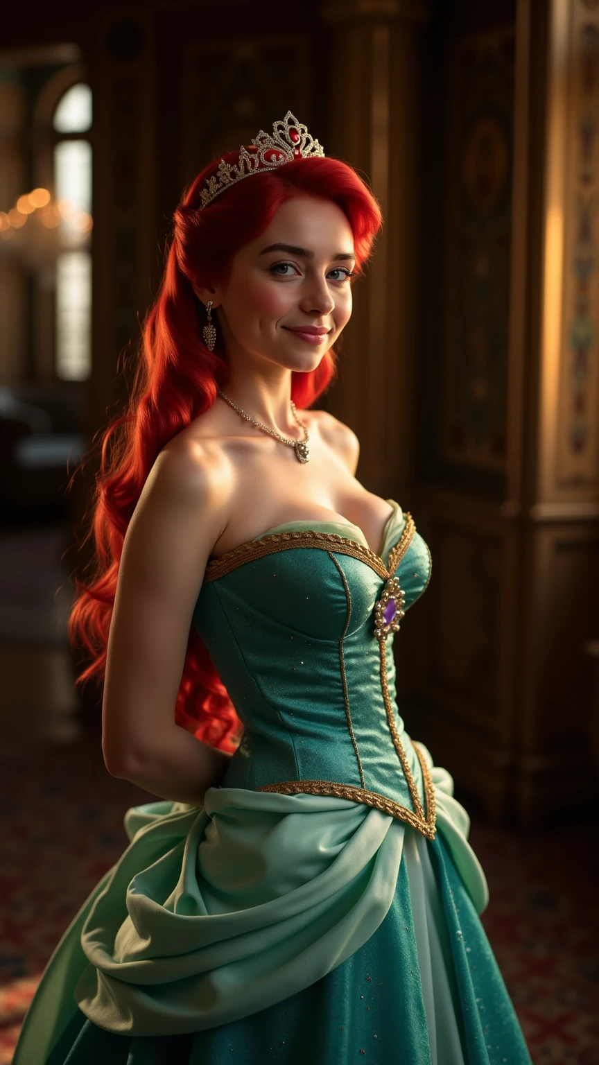 Very Close-up high angle portrait of a sexy figure, a young teen  in a ariel costume, ornate ball gown, ((18 years old with tiny breasts; Disney princess Ariel costume; glued to the body; beautiful and elegant; tiny breasts; red hair swept to the side))) and piercing gaze, standing in a dimly lit palace room with ornate designs and a high ceiling, with just a hint of early morning sunlight peeking through the windows. She stands firm, hands clasped behind her back, as she gives a slight  smile. The lighting in the room is dim with a lot focus on her tiny breasts