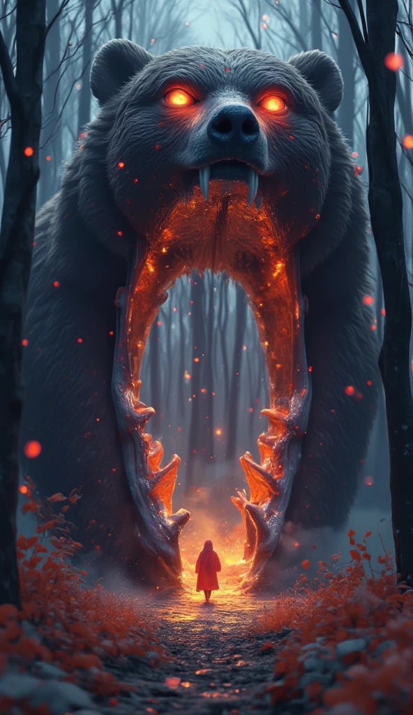 A mystical and atmospheric digital painting featuring a giant bear with glowing orange eyes, its massive mouth wide open, forming an archway that reveals a glowing forest path. A small figure wearing a red cloak walks along the illuminated path inside the bear's mouth. The background is a dark, enchanted forest with glowing orbs and mist, creating a magical and slightly eerie ambiance. The perspective emphasizes the bear's face, sharp teeth, and textured fur, with warm lighting from the forest path highlighting the scene. Highly detailed, cinematic, and captivating.