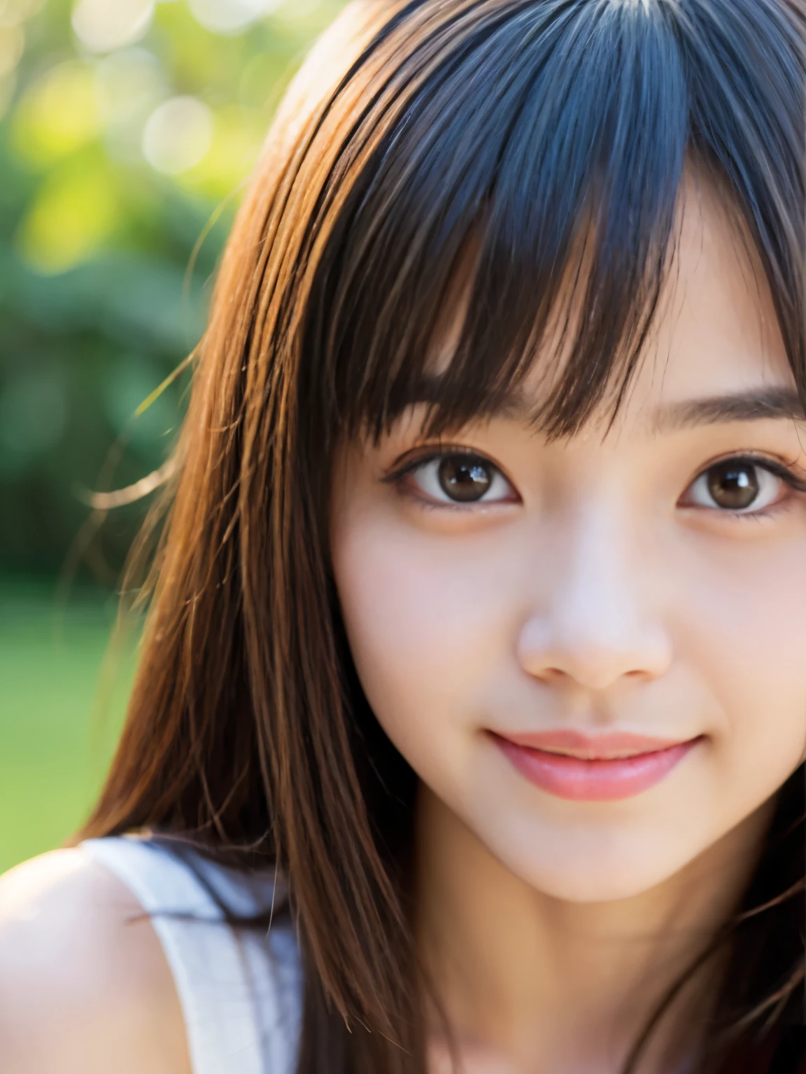 (top-quality、​masterpiece:1.2)、Best Quality、realisitic、photoshot、hight resolution、1080p、8K、fine-textured skin、Physical Rendering、1 Japanese Girl、a junior high school student、kawaii、Young Face、Rolled hair、full of shyness、smile
