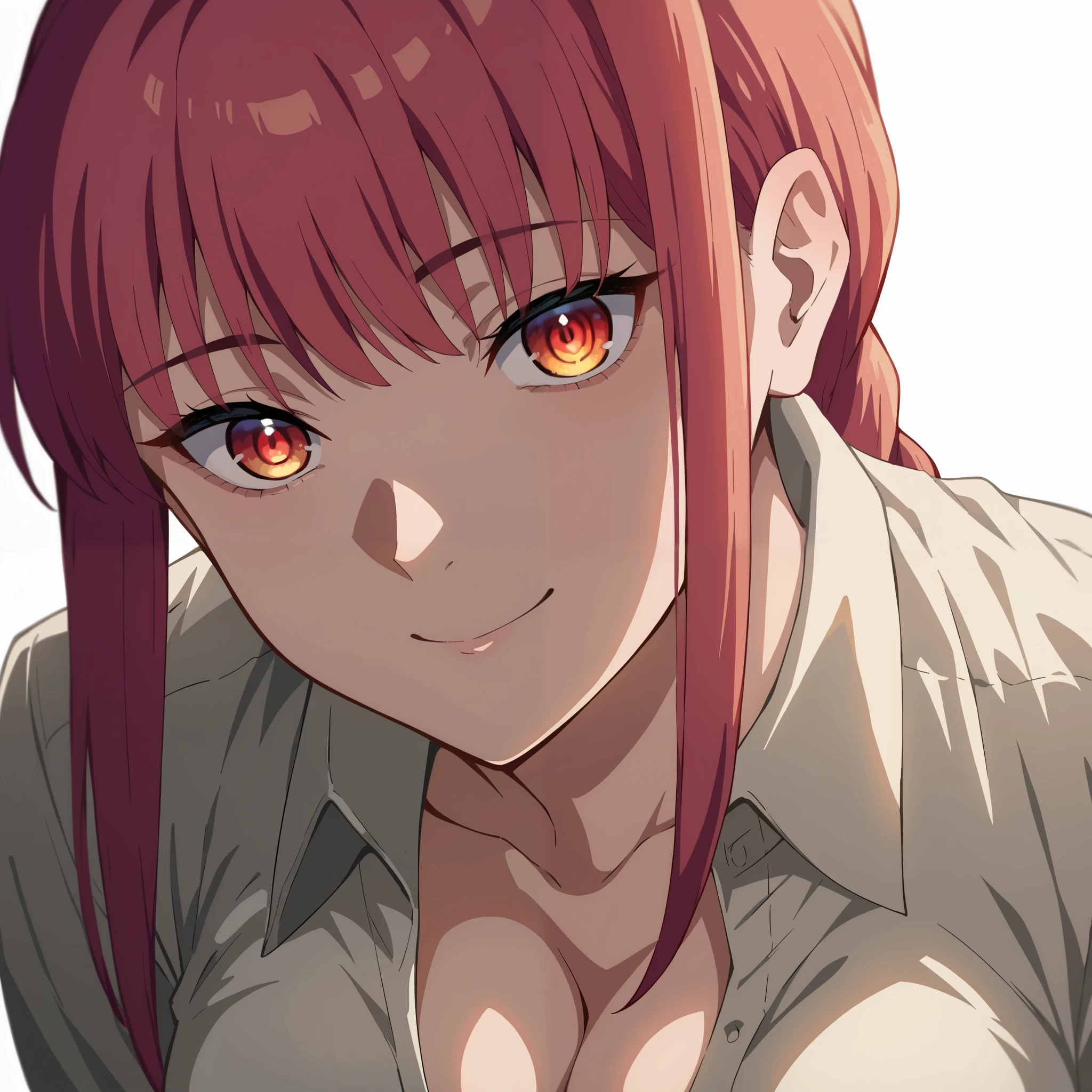 score_9, score_8_up, score_7_up, source_anime, makima, long hair, smile, bangs, braid, braided ponytail, ringed eyes, cleavage, sfw, safe for work, sfw image, large breasts:1.3, looking at viewer, face focus, only face, cleavage, white shirt, lighted face, white background, confident smile, dominant smile, light on face, RED EYES