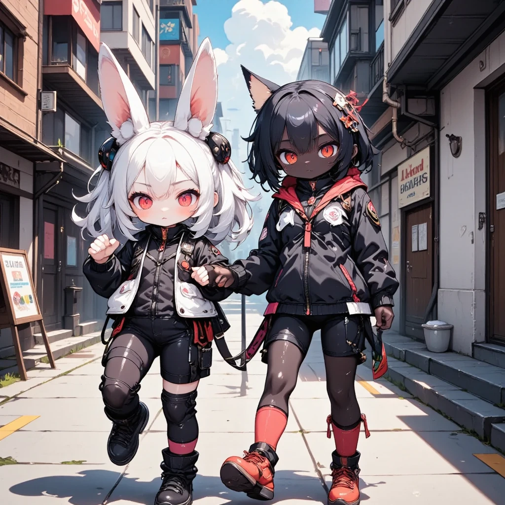 (best quality,4k,8k,highres,masterpiece:1.2),ultra-detailed,(realistic,photorealistic,photo-realistic:1.37),Kawaii, pink striped Fluffy Fox, Pink hair, Blue Eyes, heterochromia, Solo, body fur, in ruined city, Mechanical nanoskin, nakeness, cybernetic prosthesis, mechanical legs, mech suit, black reotard, pink over-the-knee socks, long moe sleeve loose off-the-shoulder blouse, long hood jacket, kitty headphones, aiming pistol, pistol holster, mechanical shoes, serial number on shoulder, one fluffy tail, knee pads, elbow pads, tactical gloves