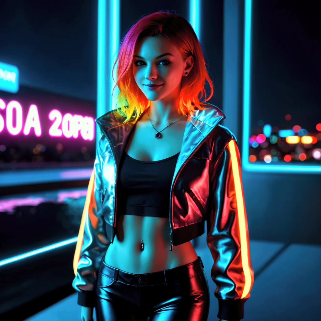Woman with neon hair and sunglasses posing in front of a neon sign, estilo neon Cyberpunk, 8 0's airbrush aesthetic, menina rave, cyberpunk neon cores vibrantes, no estilo cyberpunk, cor estilo cyberpunk, menina raver, pele morena, grandes coxas, mulher brasileira