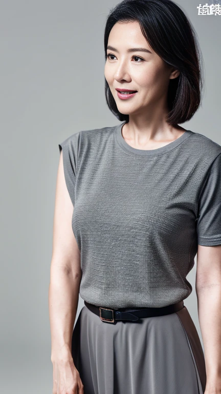highest resolution, High level image quality, high detail, masterpiece, textured skin, anatomically correct, sharp, gray background((japanese mature, 75 year old woman)), solo, ((Deep wrinkles appear on the face)), flat chest, breasts removed, flat a cup chest, skinny body, Dark brown hair reaching to the shoulders, gray hair 50% mixed, ugly and skinny (((Stand up straight, facing the center of the screen.))), small eyes of japanese women, stately and elegant,Close your mouth and look straight ahead with a serious face., inelastic skin, Body of an elderly woman in her 60s, Saggy belly fat without elasticity, loose breasts, neck wrinkles, shoulder pleats, wrinkles around the mouth, cheek wrinkles, Wrinkles around the eyes and between the eyebrows, forehead wrinkles, arm and body wrinkles, Skin blemishes and spots, inelastic belly fat, strong thighs, white tight t-shirt, business pants,((cowboy shot)), not crop body and legs, Visible from the top of the head to the thighs and knees, Nipples are shining, not healthy