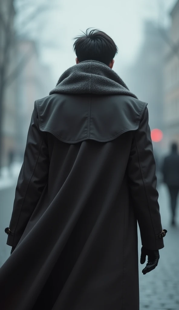 A completely invisible man with his back turned 、 wears an unhooded trench coat,  A beautiful scarf accentuates its presence ,  create a back that tells the story of a journey full of sorrow , The support of friends without substance 、 will ensure the warmth of the trench coat 