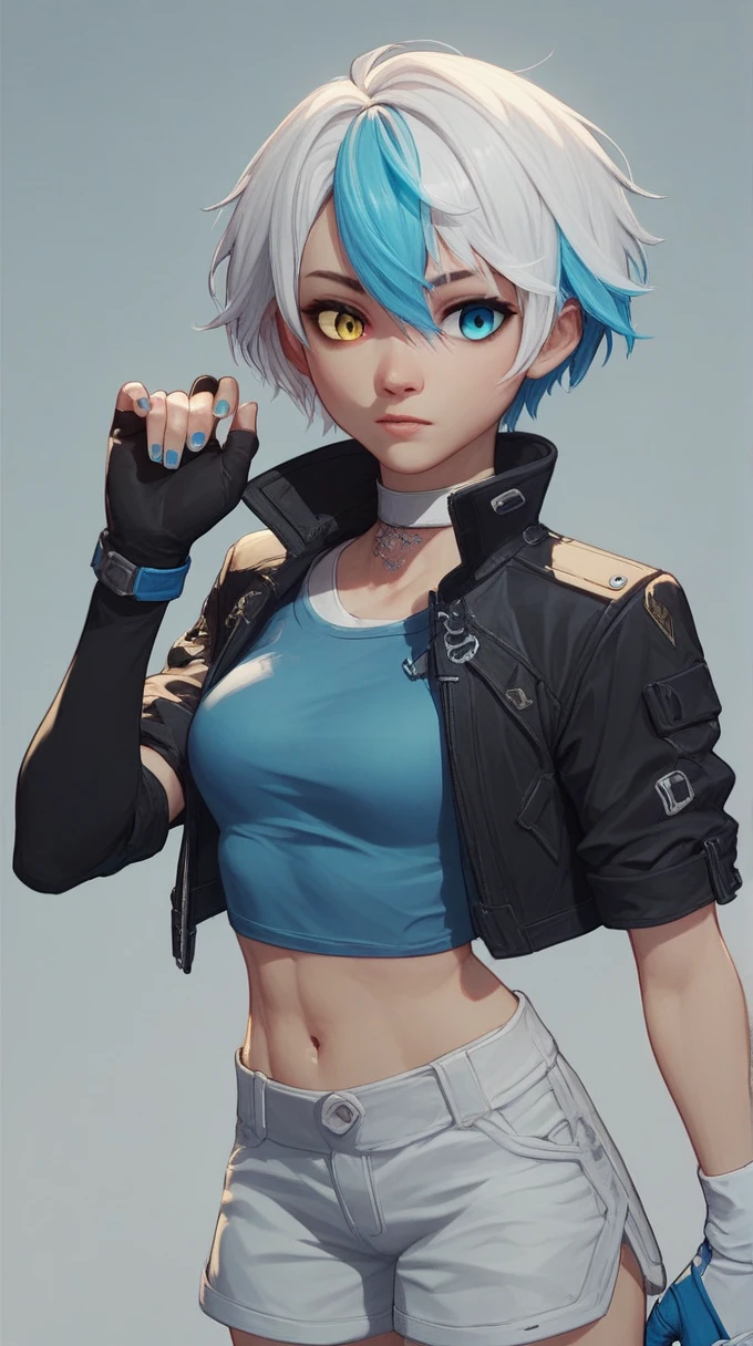 absurdres, 1girl, short hair, split-color hair, heterochromia, jewelry, white choker, cropped jacket, black jacket, blue crop top, mismatched fingerless elbow gloves, single crystal glove, blue nails, midriff, white shorts