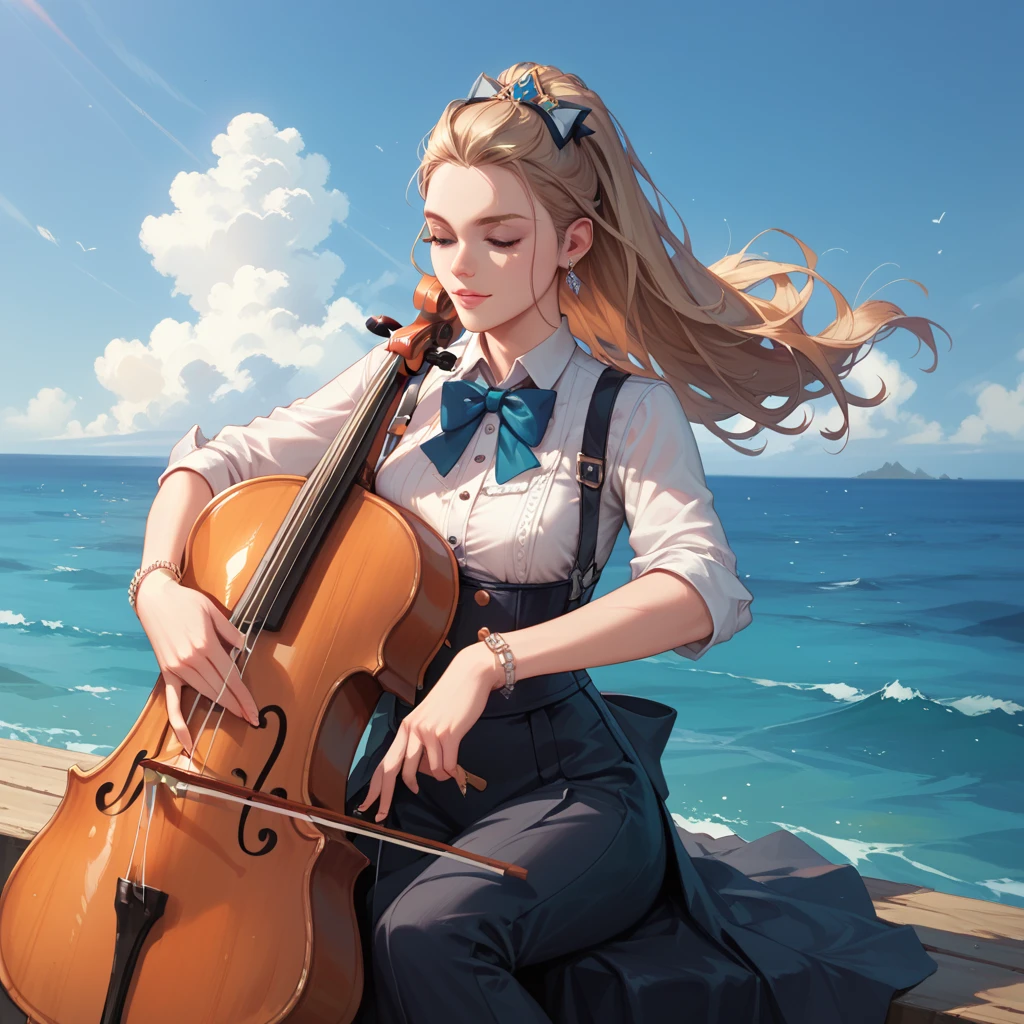 Image of a musician playing the cello in front of the sea.  masterpiece,  Precise,  High Details, 