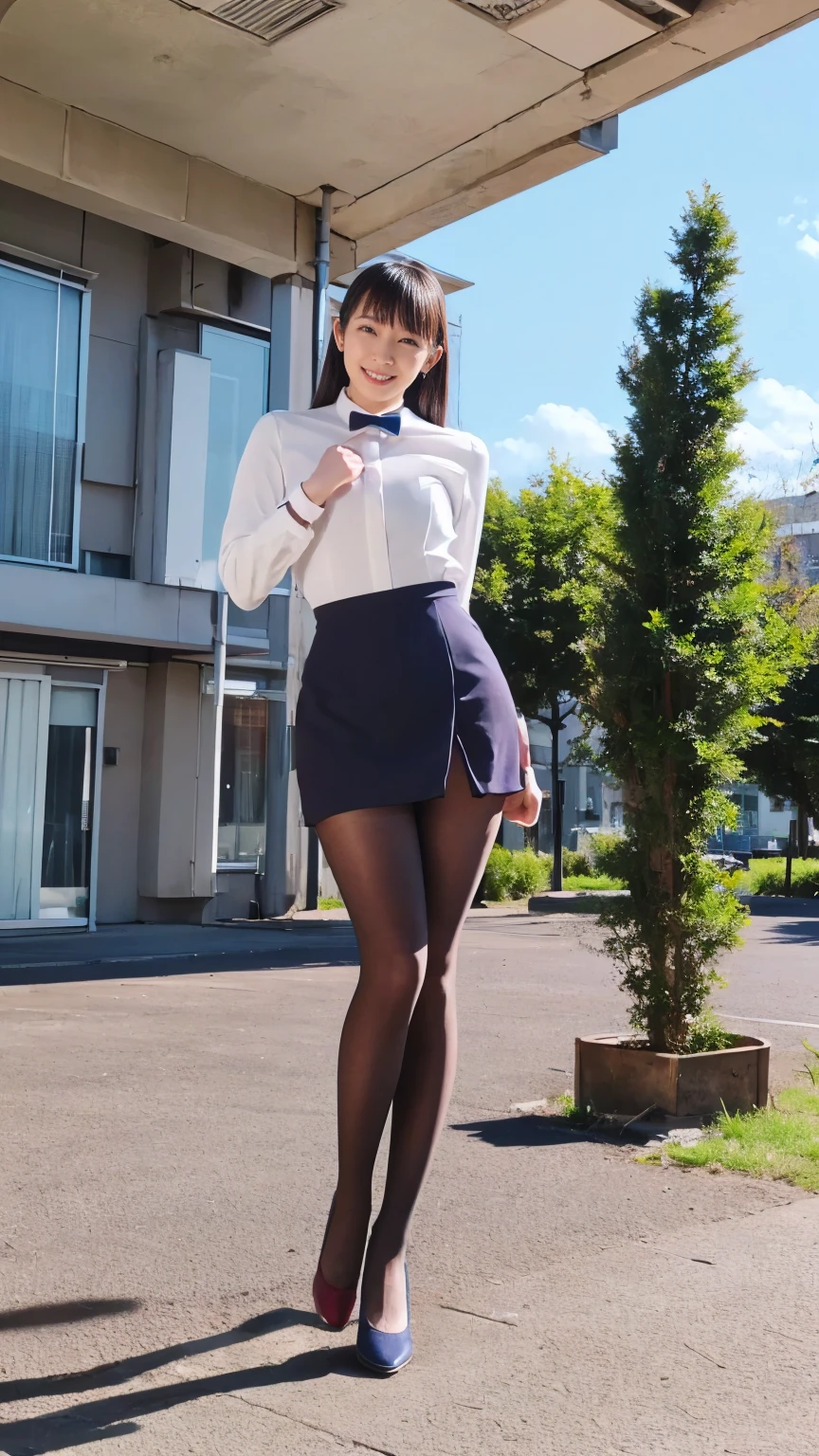 ulzzang-6500-v1.1,  (RAW Photos:1.2), (Photorealistic), (Genuine:1.4), １girl、Perfect Anatomy、28 years old、Looking at the camera、Medium Long Hair、Plaid vest、((Are standing:1.3))、(Ultra-realistic pantyhose:1.3), (High heels)、(Business services)、((Skirt Lift))