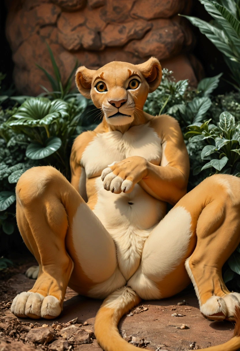 lioness, Nala, high resolution, realistic, Soft, 4K, upscales, high detail, Delicate fur, ((The tail in the right place)), green eyes, bedroom eyes, white sclera, lifted tail, hyper canine pussy, savanna, large eyes, presenting pussy, looking at viewer, 1 lion tail, black canine pussy, dripping canine pussy, cub, young, laughing, detailed eyes, beautiful eyes, flat chest, nipples, small