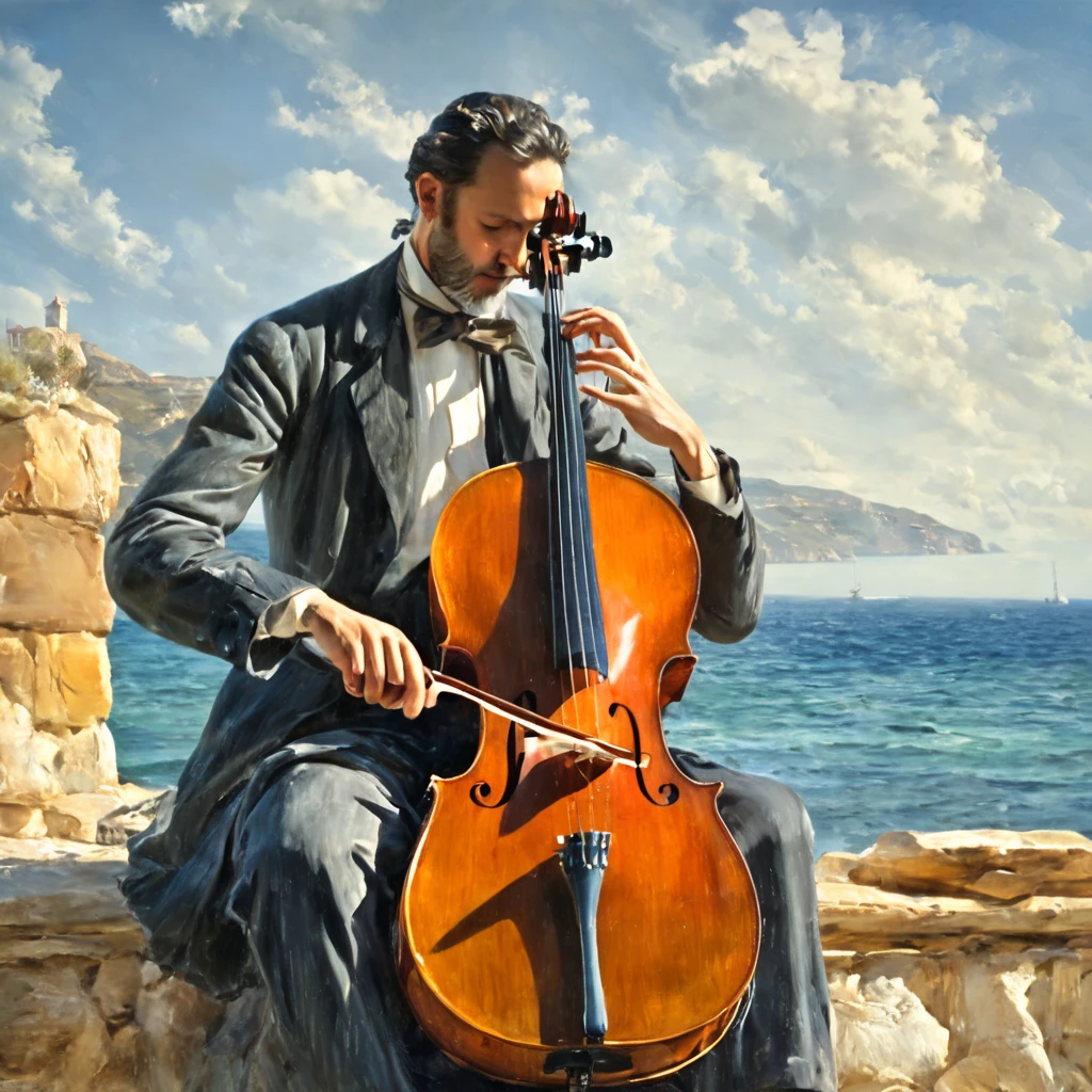 Image of a musician playing the cello in front of the sea.  masterpiece,  Precise,  High Details, 