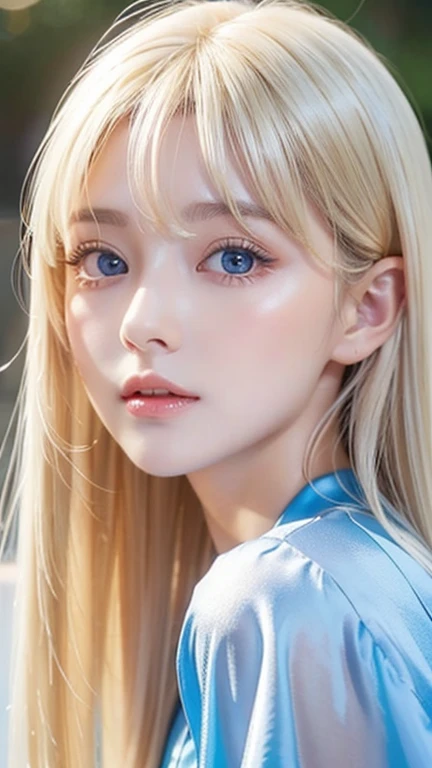 Blonde woman posing for photo with blue eyes and green top, Kim Young-shen, Wan cute korean face, in Yeonnam, portrait of Korean female idol, real life anime girl, sakimikan, larissa manobal, korean girl, from twice Ziyu, Choi Hyunhua, Urzang, IG model | art germ, (city background: 1.3),