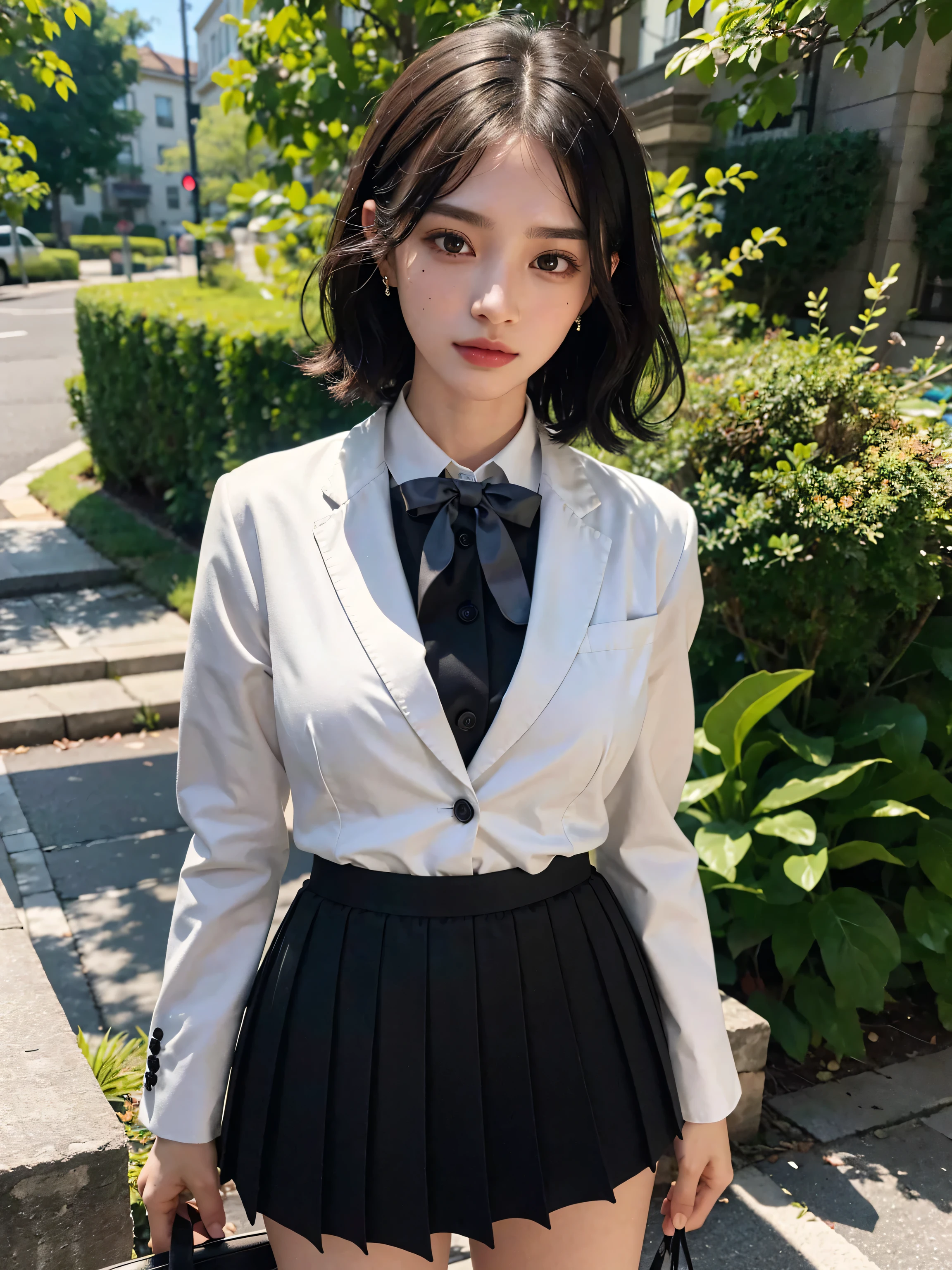 ((best qualtiy,8k,tmasterpiece:1.3)),1girll, ssmile,full bodyesbian,Slim Faces,Beautiful woman,exquisite facial features,(grey blazer,ribbons,sockes,High School Uniforms) :1.1, Super detailed face, Detailed eyes, 二重まぶた, blur backgroun, Slim Faces, 城市, do lado de fora, the street,