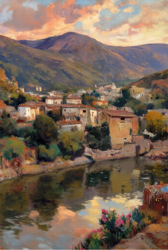 a small village by the river, mountains in the background, floral flowers colorful, detailed landscape, Beautiful natural landscapes, atmospheric lighting, scorching sunset, warm colours, practical, photopractical, Detailed Foliage, complex buildings, cobblestone street, Charming country house, swirly vibrant colors, lush vegetation, Still water reflections, Picturesque, idyllic, work of art, best qualityer, 8k, extremely detaild,anime styling