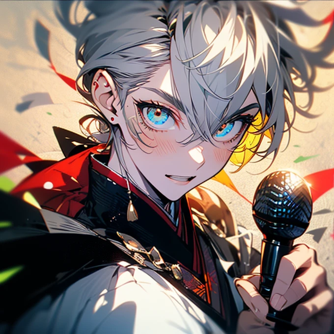  has a microphone，Straight cut bangs ，Okappa ， ponytail， summary hair ，I have a microphone，The shape of the eyebrows is a round eyebrow，The boy from Marobi ， singing enthusiastically with a microphone， wearing kimono  costume ， Wearing a Chigo costume from the Heian period with red embroidery based on white and black，Strong Boy ，Boy with white arms ， cheeky expression ， cute，Fair skin， rosy cheeks ，Soft Cheeks， glossy lips ，Pure white hair color， cropped bangs with money sandwiched between cleavage， has hair bundled at the back， golden eyes， big eyes，Slanted Eyes， singing enthusiastically with a microphone， moving，Shiny Hair， Smooth skin ， High Quality ， One Boy ， short