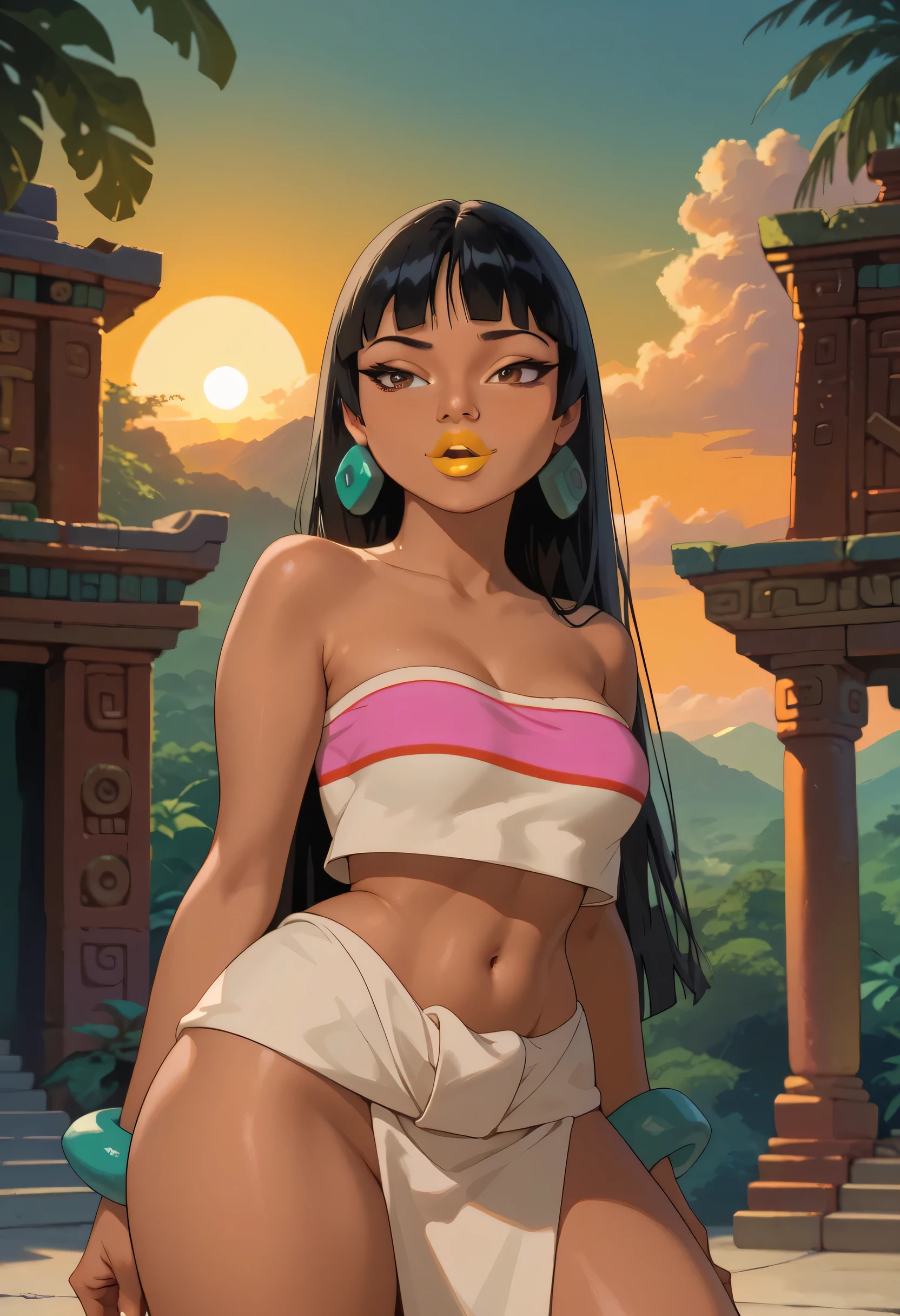 woman, breasts, yellow lipstick, anime style, white skin, brown eyes, black skin, black hair, straight hair, sunset, mayan temple, Chel, The Road tô El Dorado