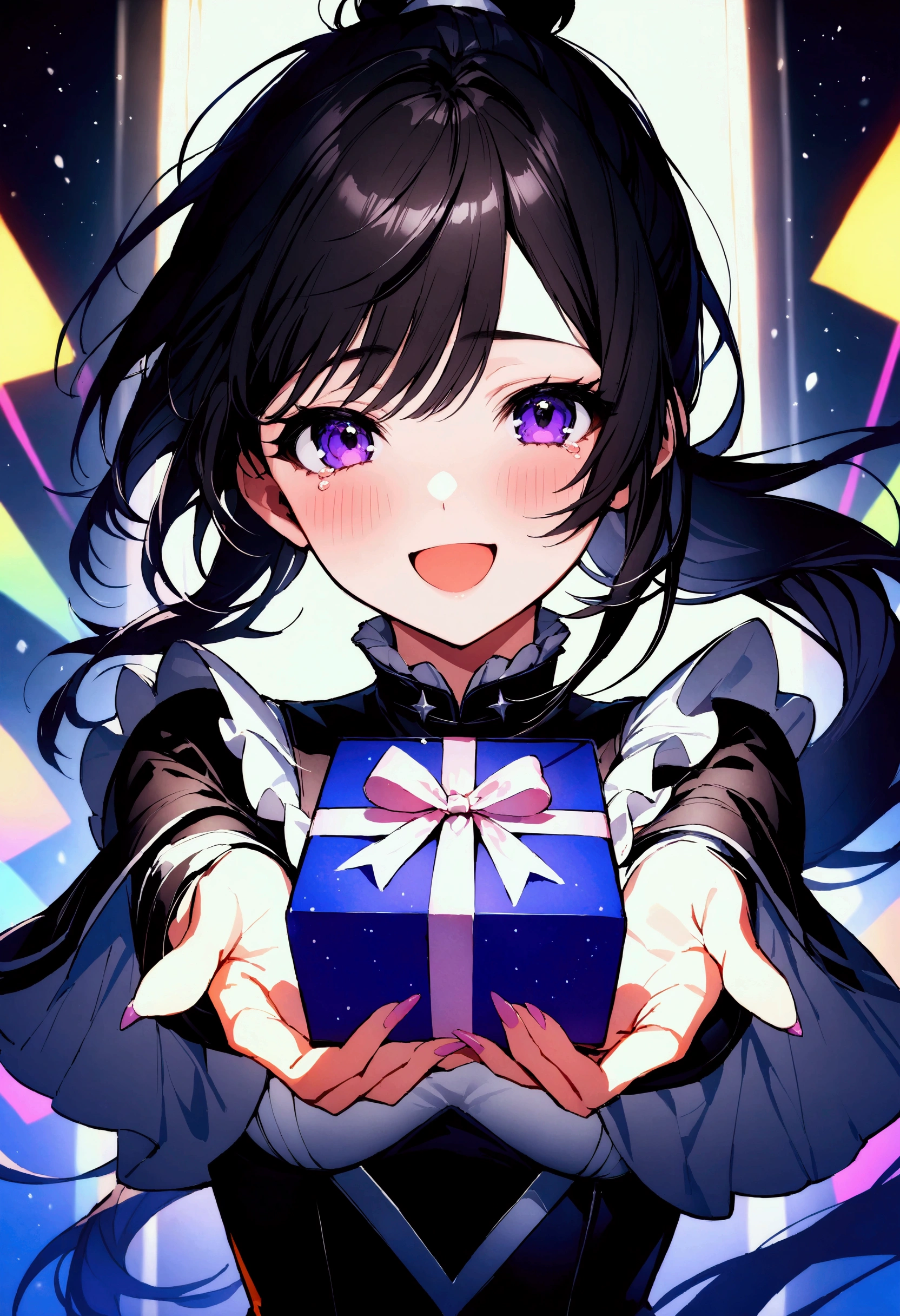 (masterpiece),(absurdres),(ultra detailed)、(solo lady,(23-year-old),shiny black hair,shiny purple eyes,(short highponytail),(1white ribbon;1.1),(middle breast:0.7),(Gothic dress:1.1),(()),(particul colorful lighting:1.5,back lighting:1.0),(()),(presenting Gift:1.1)、blush,happy,smile,(tearful:1.2),from front,upperbody shot,(light writing "Thank you" to space:1.3)、レイナ