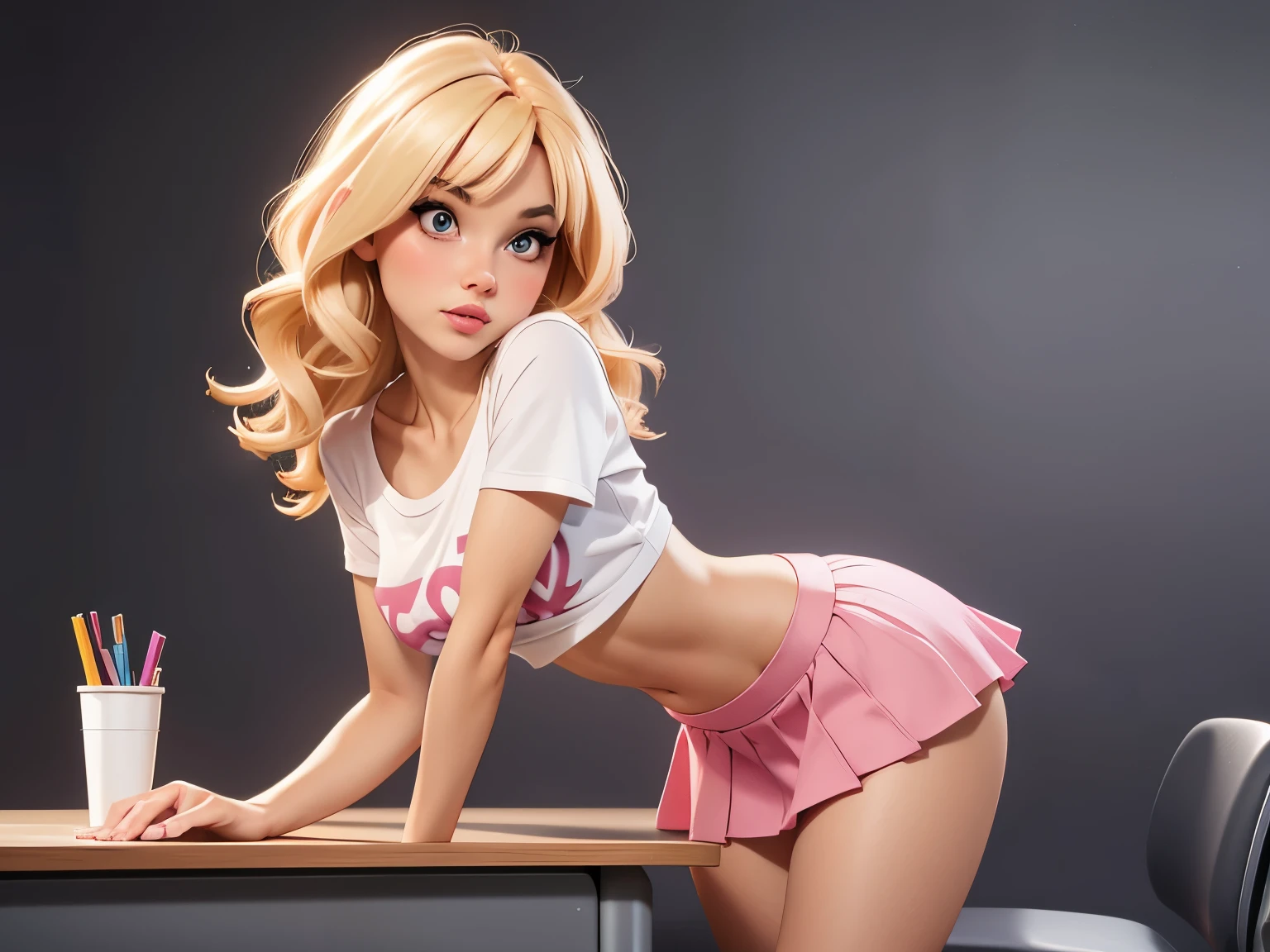 caucasian woman, blonde hair, wavy hair, long hair, hair in ponytail, red lipstick, green eyes, lined eyes, smile, athletic body, small breasts, nipples, red miniskirt, (pink blouse) , wristwatch, bracelets, nails red, in the classroom, sitting at the desk, side view.