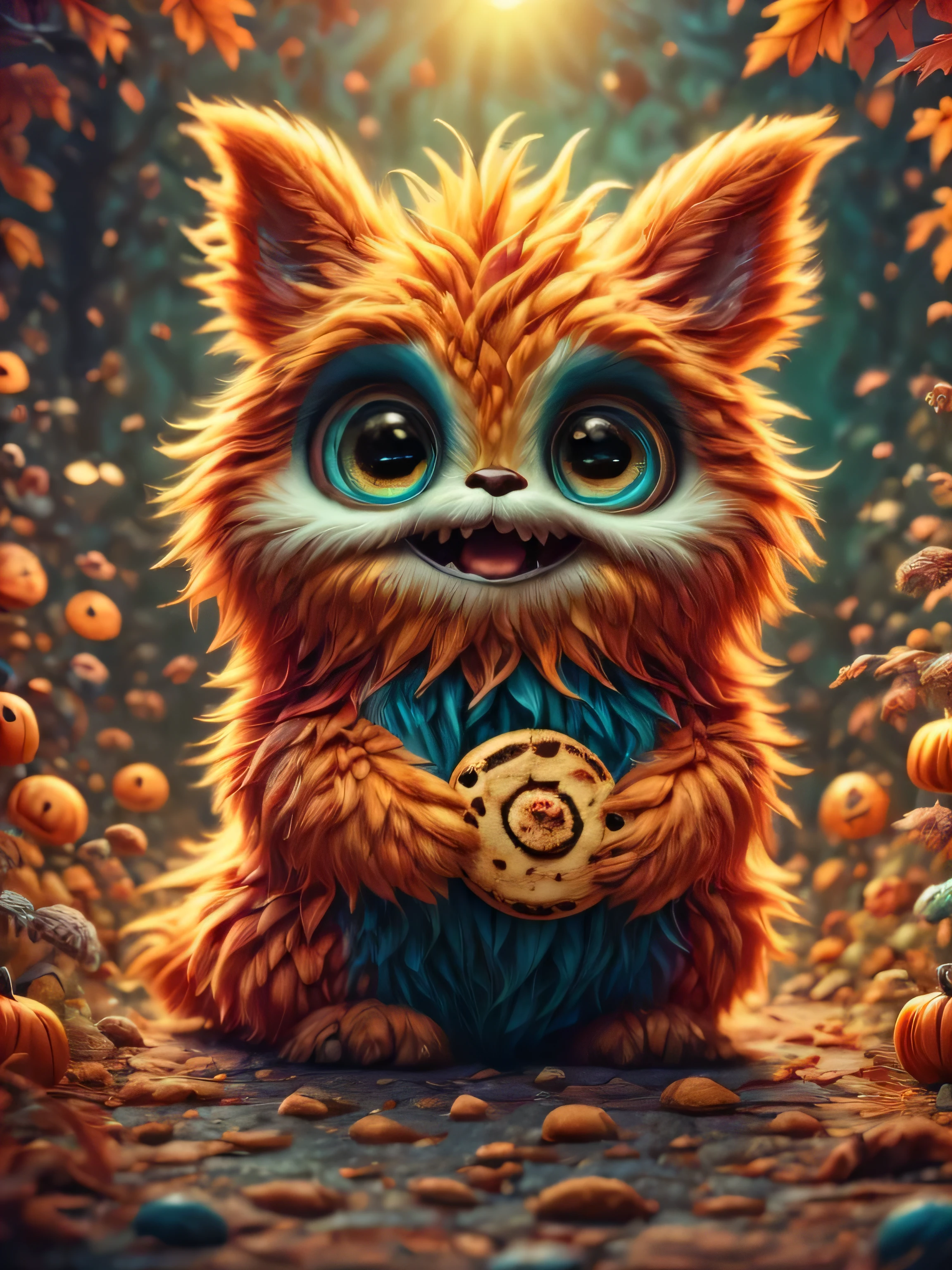 (Best Quality, Super Detailed, masterpiece, representative work, official art, professional, super high detail, 8k:1.3) (photorealism:1.2), adorable monster eating chocolate chip cookies with round eyes, dressed in a bat costume, autumn, halloween, night, Natural lighting, Soft background, Photorealistic, Shining eyes, Sharp focus, Sweet and mischievous look, Hint of mischief, Dreamy atmosphere, Delicate details, soft volumetric light, (backlight:1.3), (cinematic:1.2), intricate details, (ArtStation:1.3)