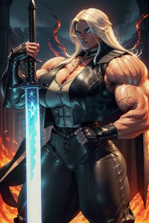 ((((Massive, tall, beautiful, buff, muscular brown skinned woman mage with white hair, black lipstick, ginormous bulky muscles, holding a ice mage staff and wearing a beautiful hooded black enchanted robe with gothic armor and long long skirt)))), (close view), massive muscles, massive biceps, hyper muscle shoulders, hyper muscle triceps, (long straight hair), blue eyes, (wearing an extremely intricate robes, magical robes), mage boots, skirt, smirk, black gauntlets, (in a dark snowy Mystical forest), evening, Vascular arms, hyper vascular arm, hyper muscles arms, hyper muscle legs, massive arms.