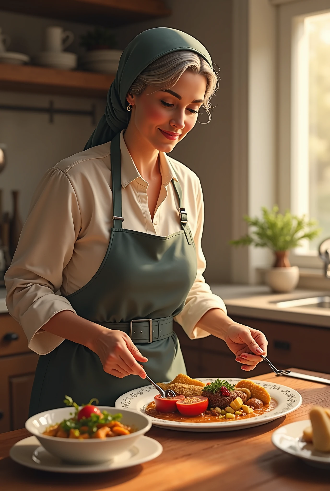 (Best Quality, Masterpiece), malay Women's Cooking Magazine Cover, 1girl, 20 years old, stunning, cute, warm smile, wearing hijab, hourglass figure, floral dress, apron, food, text, chart, advertising, magazine title