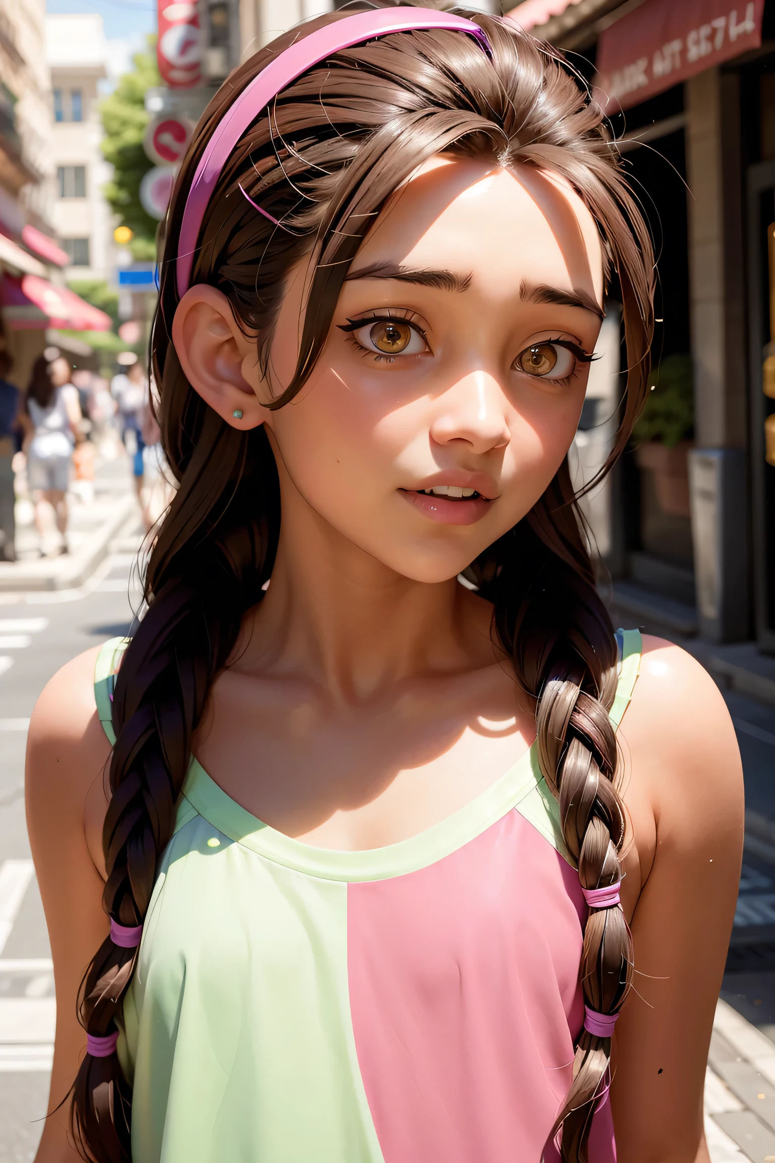 An impressive and intricate full color portrait, Ultra-HD a girl, brown hair with 2 braids, brown eyes, pink headband, detailed face, dressed in a light green t-shirt with embroidery on the neck, no logos, epic character composition, alessio albi, nina masic, sharp focus, natural lighting, subsurface dispersion, f2, 35mm,,