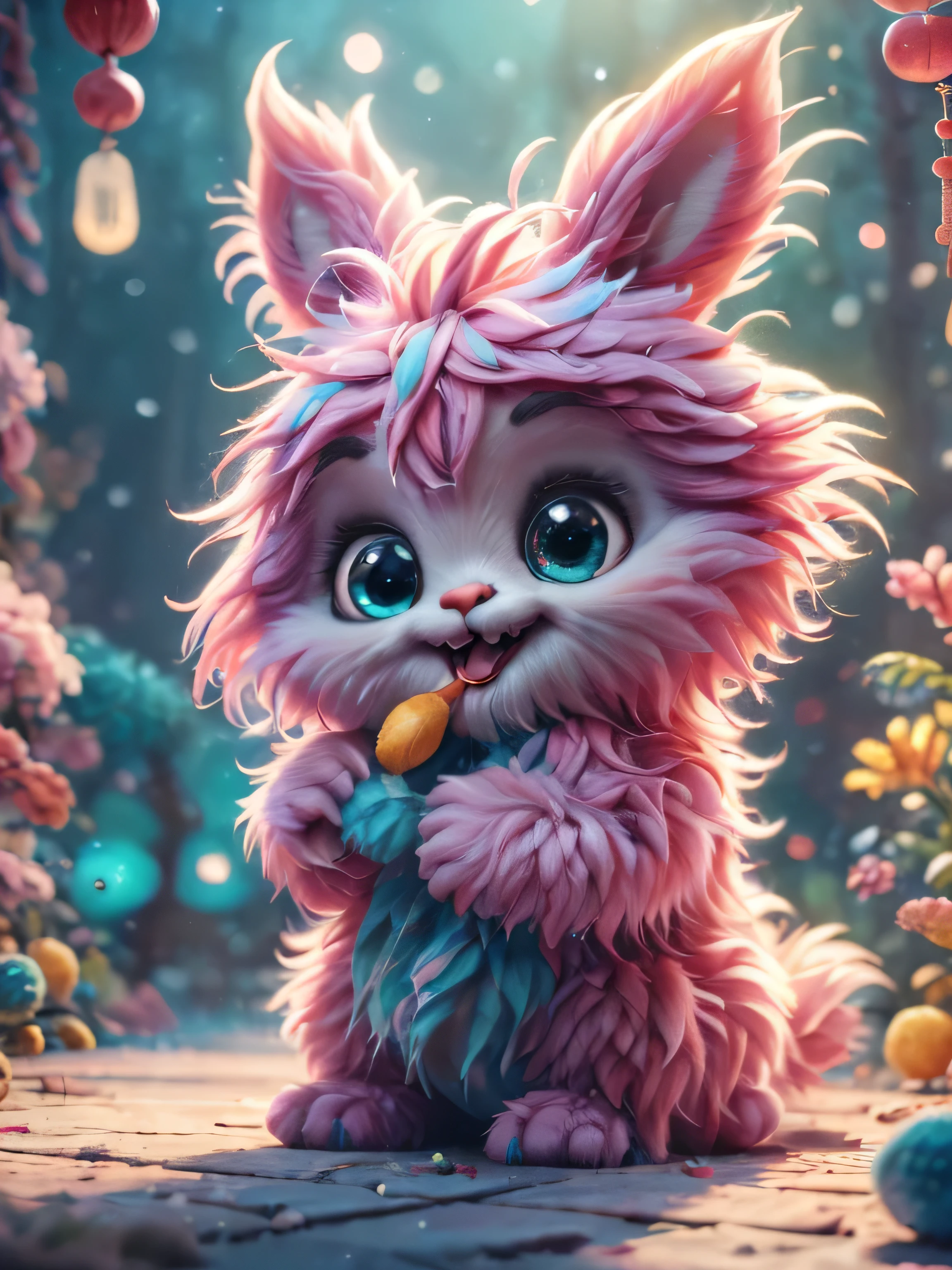 (Best Quality, Super Detail, Masterpiece, Representative Work, Official Art, Professional, Super Detail, 8k:1.3) (Photorealistic:1.2), Adorable blue furry monster with round eyes in a pink bunny suit, Licking an icicle with his tongue while sitting, Winter, Christmas, Night, Natural Lighting, Soft Background, Photorealistic, Shining Eyes, Sharp Focus, Cute and Mischievous Look, Hint of Mischief, Dreamy Atmosphere, Delicate Details, Soft Volumetric Light, (Backlight:1.3), (Cinematic:1.2), Intricate Details, (ArtStation:1.3)