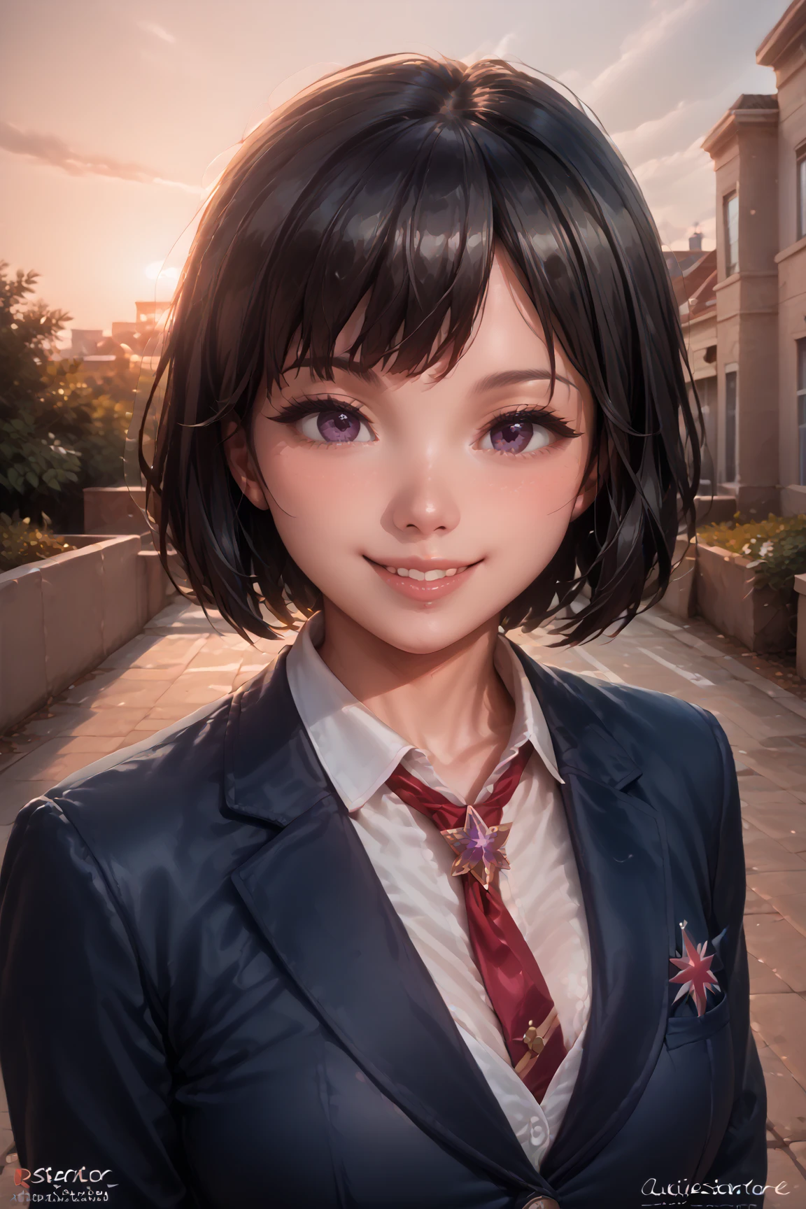 ( best quality ,8K quality,​masterpiece:1.3),( super A high resolution, photorealistic:1.4, Original photo),( super detailed , caustics , detailed background),( super realistic capture , beautiful detailed skin ,Perfect human body),In the sunset,Twilight Sky,School building,Schoolyard,18 years old,Cute, single eyelid,  black haired short bob  ,  school blazer uniform, Looking at the Camera ,smile, Bust Up Shot , natural soft light 