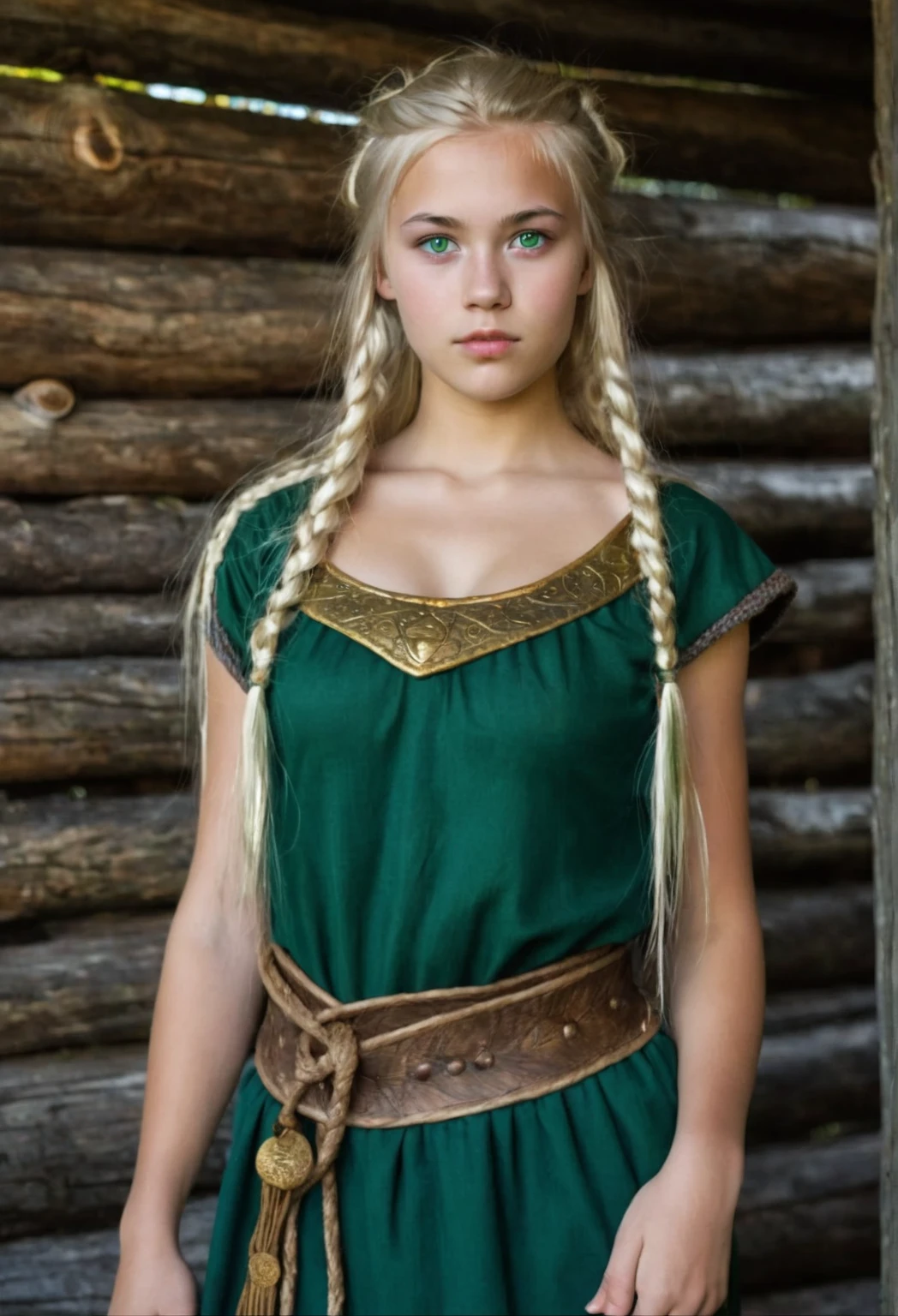 front view, Viking girl,** century,  Sweden Young girl, beautiful female, 18 years old, (Highly detailed face, Ordinary eyes, emerald green eye,  gold hair, fringe, Variegated eyes, Fuller lips, little Lips), (Middle breasts, Slender Whist, Middle Hip),(no clothes), standing pose, in log house