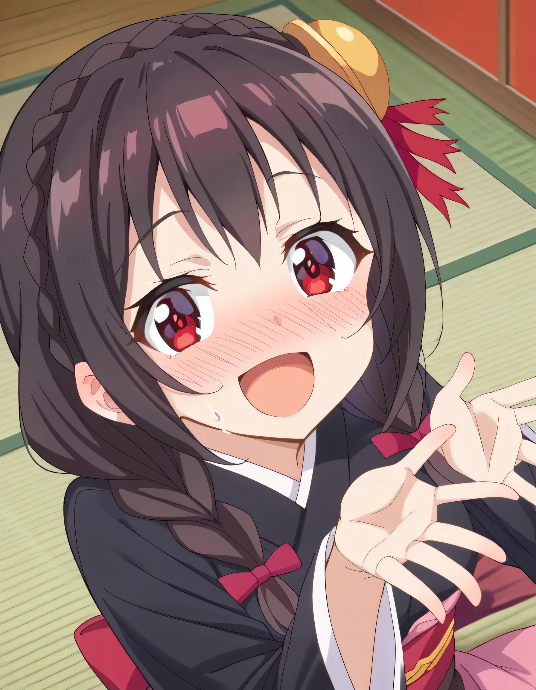 HD, High Quality 、
Yunyun、 black hair, hair accessories, red eyes, , braided , crown braided ,
(Long-sleeved kimono:1.2)、 New Year、indoor、Alive、 is sweating、Closing one eye
(smile)、(blush)、 open your mouth and laugh、(View from above at an angle)、Seen from the side a little、 view viewer