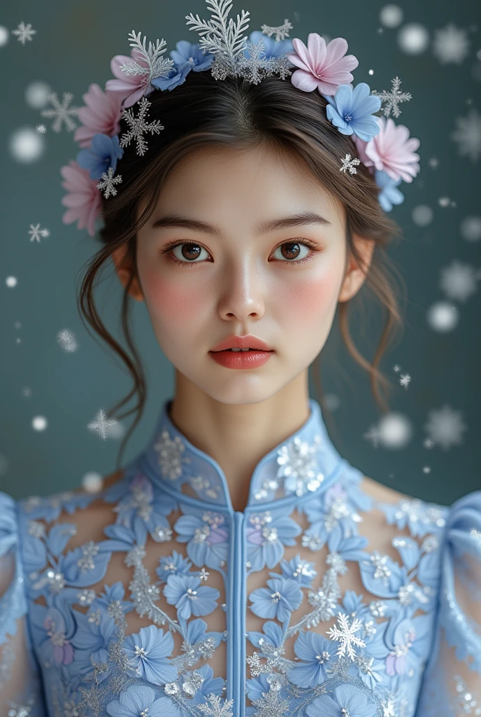 Elegant,  digital painting、A sophisticated white glossy lipstick ,  is inspired by the natural beauty of snow .  The blue-purple dress is intricate, reminiscent of delicate snowflakes It is decorated with a floral pattern,  offers amazing visual contrast against perfect skin tones .  Her hair is soft and flowing , Natural Curl,  enhances the natural beauty of the moment .  The overall atmosphere is cozy , warm,  and charming ,  perfectly captures the magical spirit of Christmas , Thai actress 、20 years old, #Mint World, ( best quality ,  ultra detail,  realistic), A beautiful 19th century portrait of a 25-year-old French ballet dancer 、Young Korean Girl,