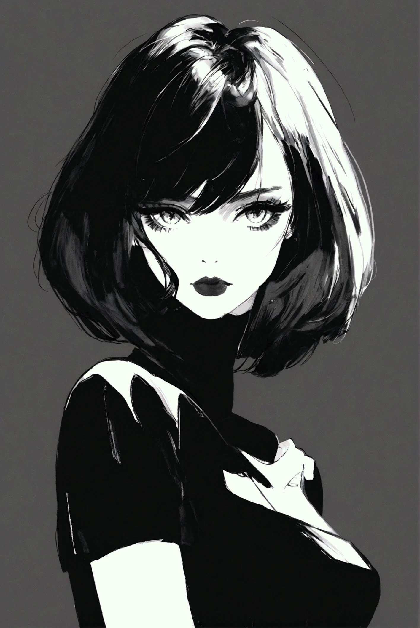 (best quality, sketch:1.2),realistic,illustrator,anime,1 girl, detailed lips, black dress,custom, (background dark monochrome),neon hair,textured cropping, masterpiece, style retro classic, noir dark, art, sketch book, (bob hair black:1.75 neon:1.32), bad women , dark monochrome background