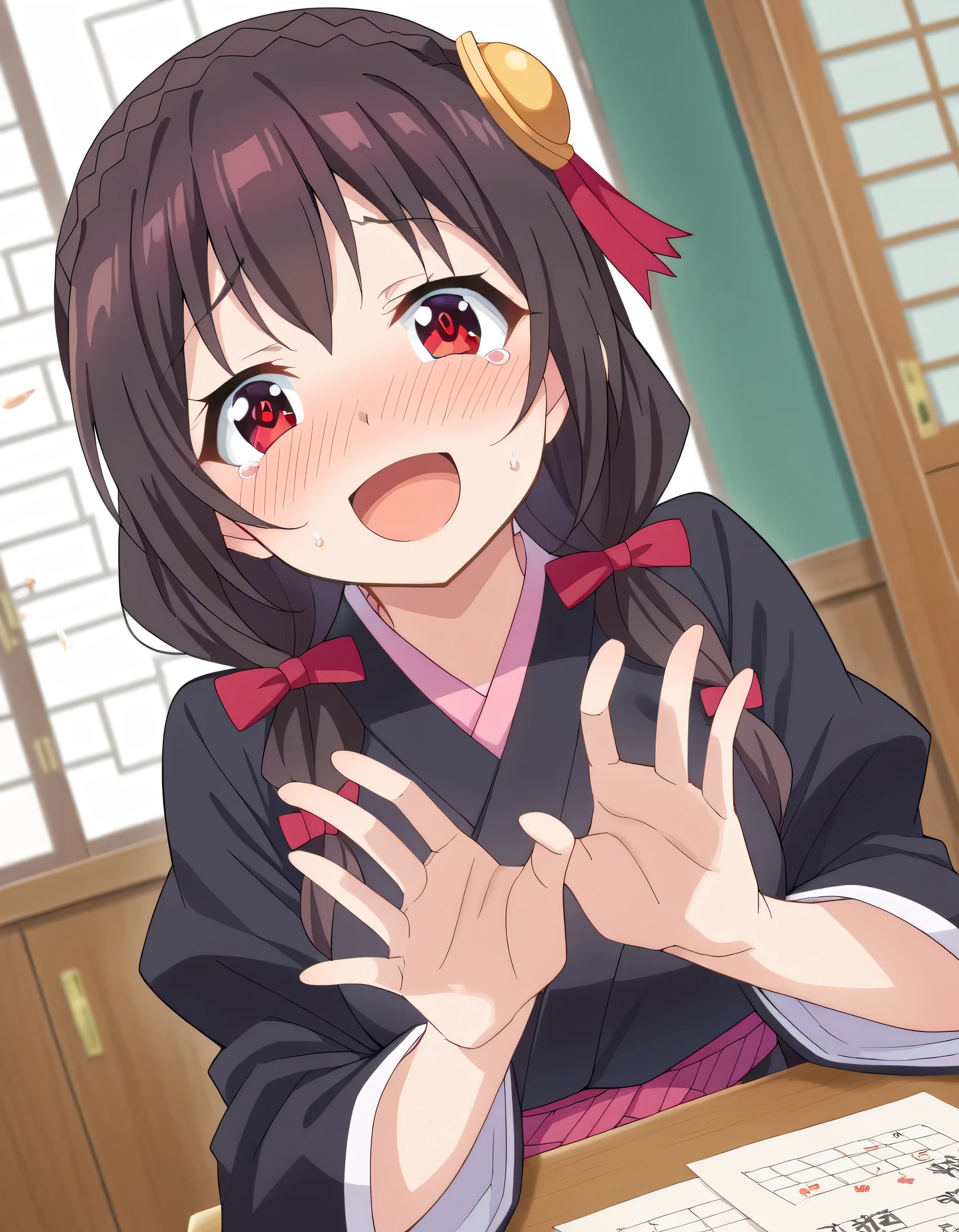 HD, High Quality 、
Yunyun、 black hair, hair accessories, red eyes, , braided , crown braided ,
(Long-sleeved kimono:1.2)、 New Year、I'm doing karuta indoors、Alive、 is sweating
(smile)、(blush)、 open your mouth and laugh、(View from above at an angle)、 I have karuta on my desk、Seen from the side a little、(Happy and tearful eyes )、 view viewer