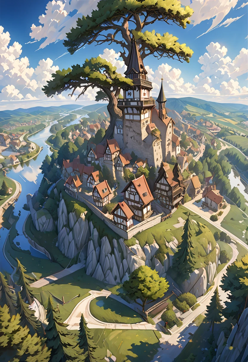 ((Masterpiece)),(( best quality )),(( high detail)),(( realistic,)) (( ultra detail)) Medieval small town landscape, Cartoonist&#39;s illustration, Aerial photography, Beautiful sky, Deformed Clouds , 1.3:pine tree, Tower.