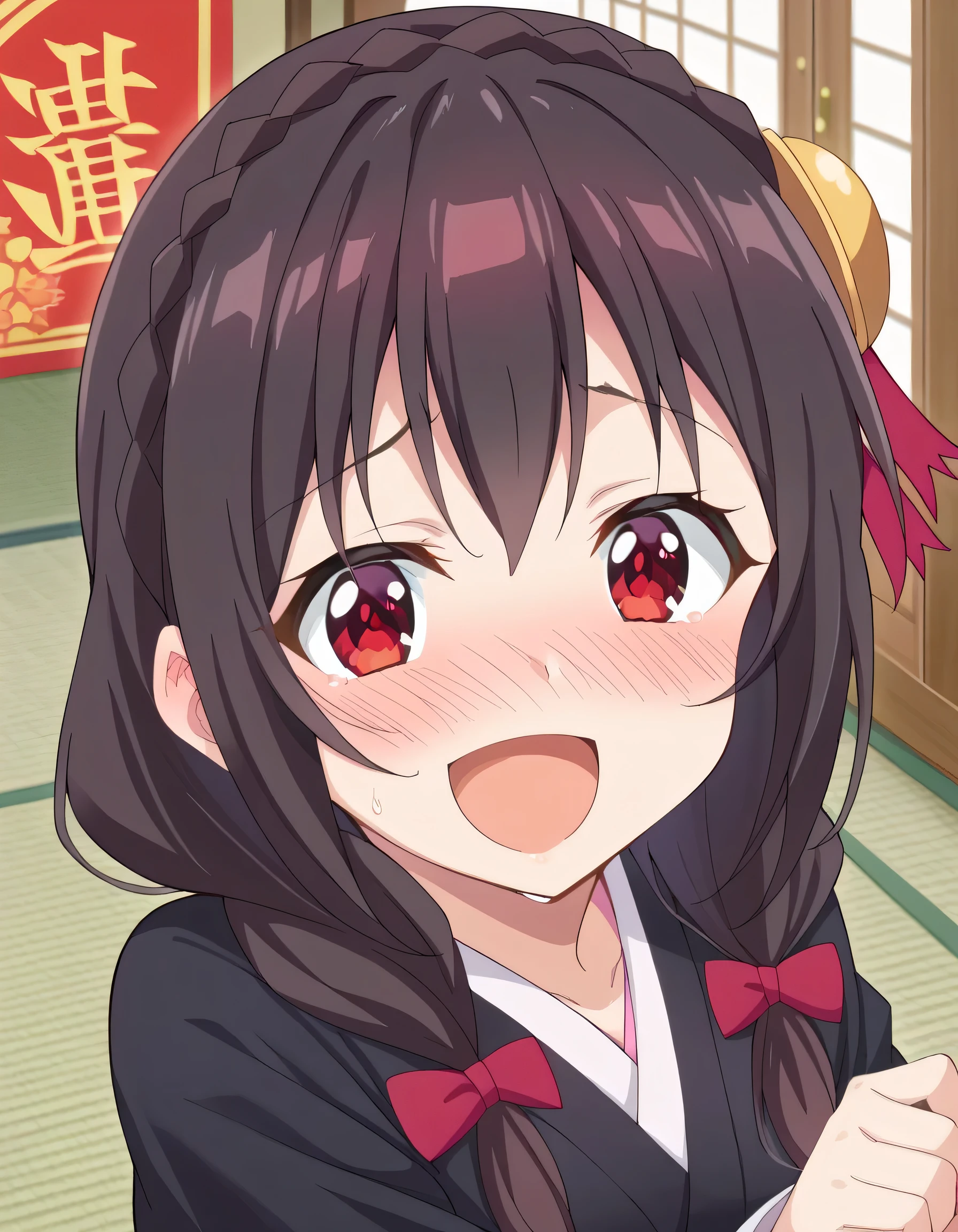 HD, High Quality 、
Yunyun、 black hair, hair accessories, red eyes, , braided , crown braided ,
(Long-sleeved kimono:1.2)、 New Year、indoor、Alive、 is sweating、(Closing one eye:1.2)
(smile)、(blush)、 open your mouth and laugh、(View from above at an angle)、Seen from the side a little、 view viewer