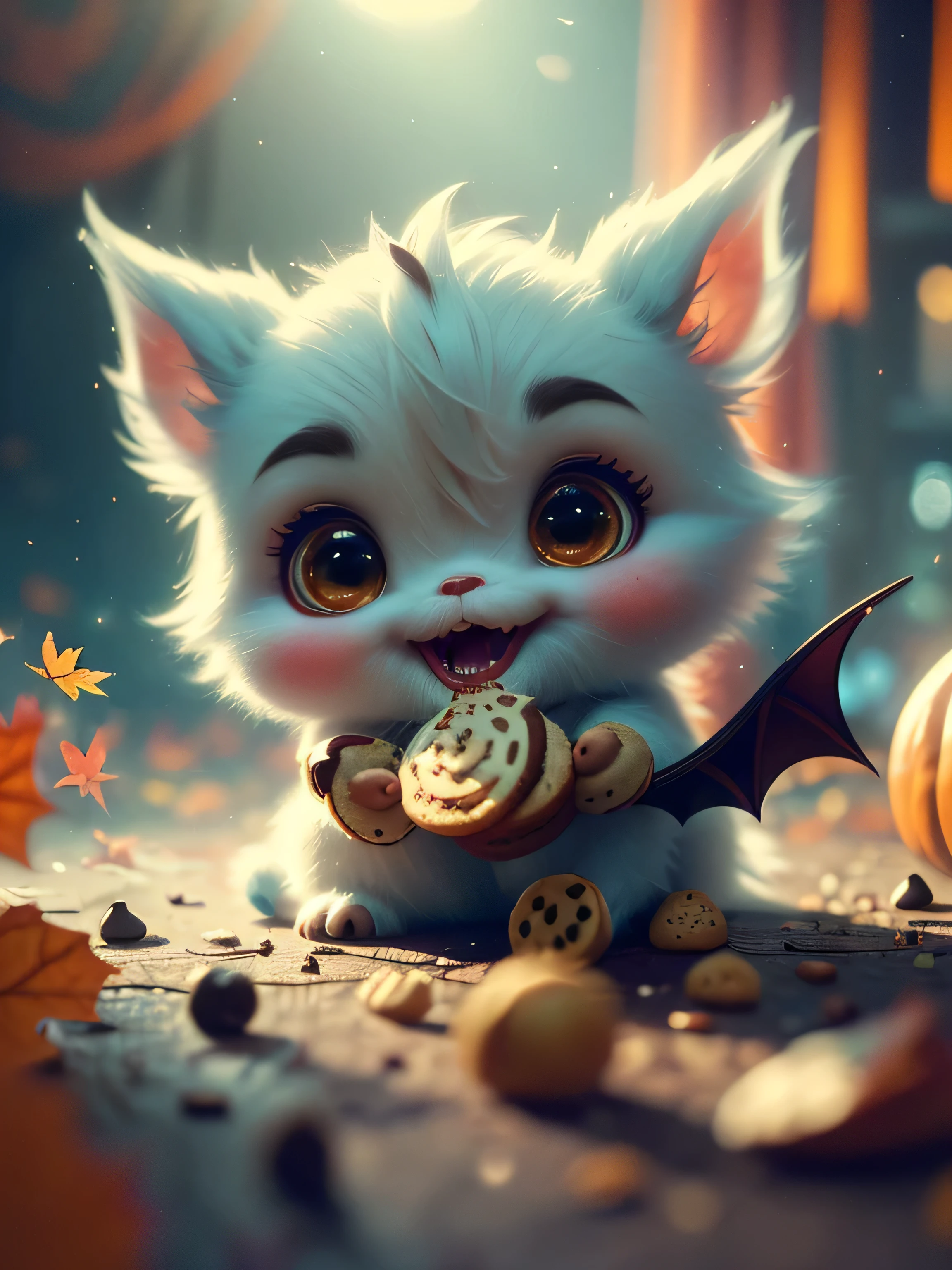 (Best Quality, Super Detailed, masterpiece, representative work, official art, professional, super high detail, 8k:1.3) (photorealism:1.2), adorable monster eating chocolate chip cookies with round eyes, dressed in a bat costume, autumn, halloween, night, Natural lighting, Soft background, Photorealistic, Shining eyes, Sharp focus, Sweet and mischievous look, Hint of mischief, Dreamy atmosphere, Delicate details, soft volumetric light, (backlight:1.3), (cinematic:1.2), intricate details, (ArtStation:1.3)