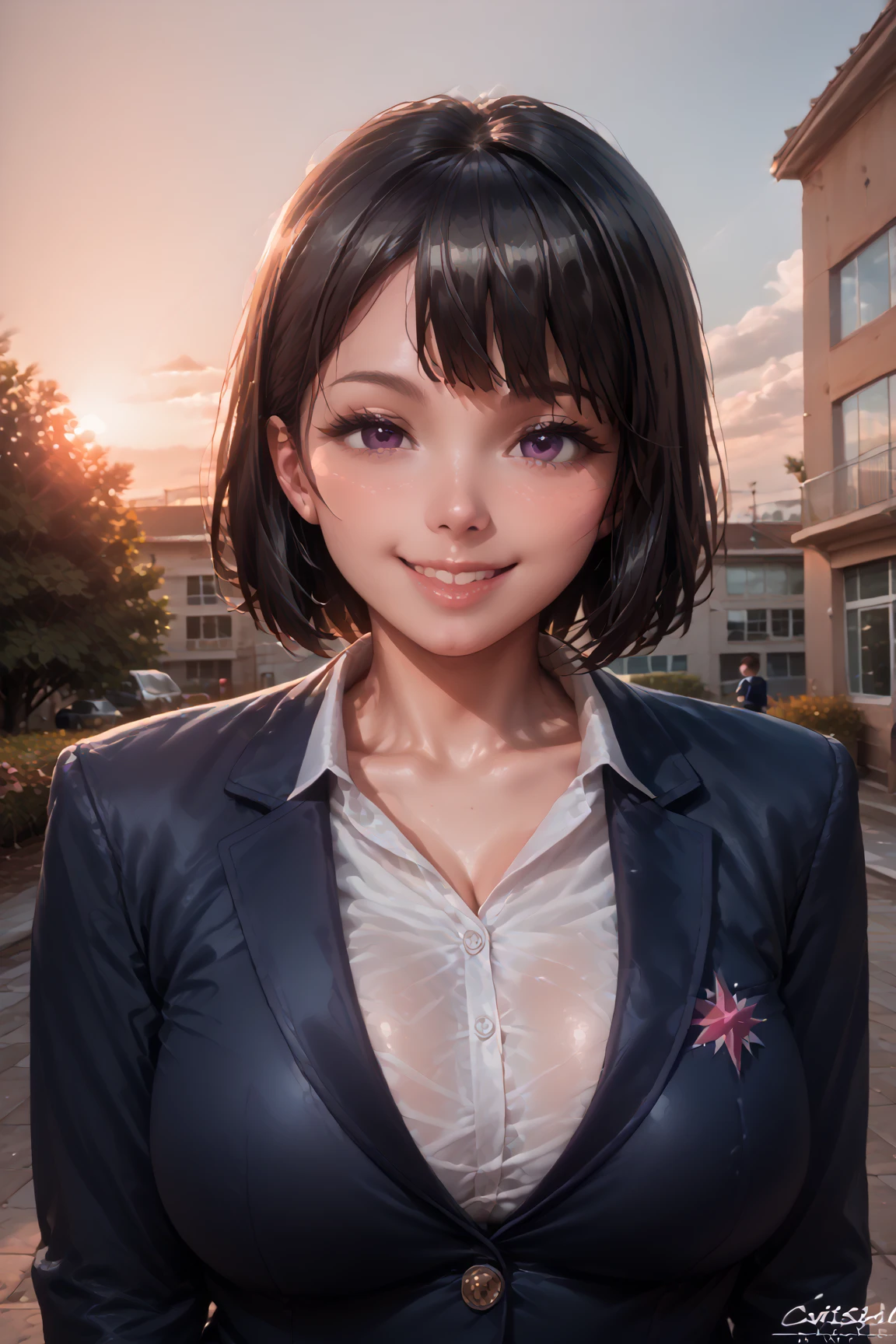 ( best quality ,8K quality,​masterpiece:1.3),( super A high resolution, photorealistic :1.4, Original photo),( super detailed , caustics , detailed background),( super realistic capture , beautiful detailed skin ,Perfect human body),In the sunset,Twilight Sky,School building,Schoolyard,18 years old,Cute, single eyelid,  black haired short bob  ,  school blazer uniform, Looking at the Camera ,smile, Bust Up Shot , natural soft light ,Big Breasts,