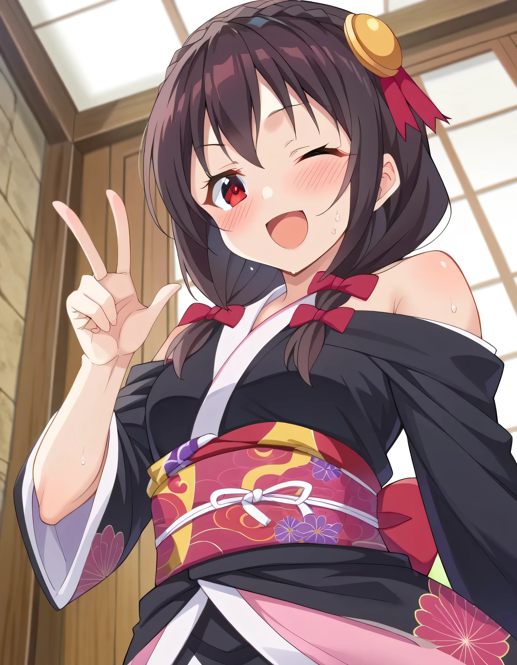 HD, High Quality 、
Yunyun、 black hair, hair accessories, red eyes, , braided , crown braided ,
(Long-sleeved kimono:1.2)、 New Year、indoor、Alive、 is sweating、( I have one eye closed:1.2)
(smile)、(blush)、 open your mouth and laugh、(View from below at an angle)、Seen from the side a little、 view viewer