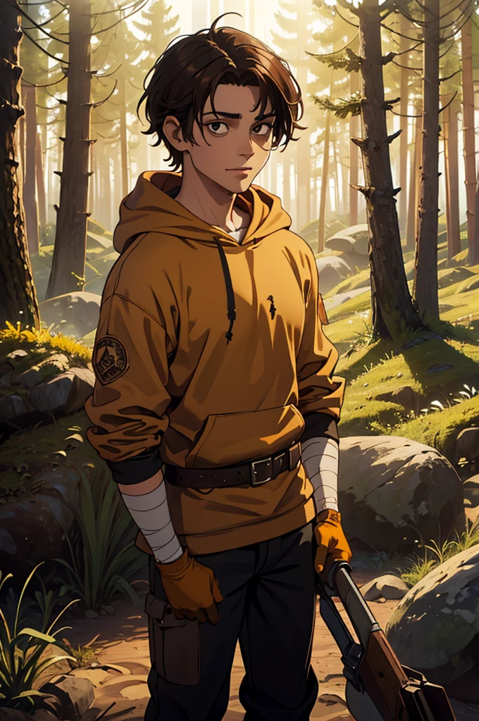 (mejor calidad, Obra maestra), mirando abajo, viento, Partícula, bosque de fondo, parte superior del cuerpo, 1 short boy, ((latin skin)), ((brown hair)), (black eyes), (((mustard hoodie))), (bandages on hands), (scar on lip), ((on a forest, woods)), messy hair, rolled up sleeves, leather gloves, ((baggy eyes)), welder tools, belt, dark circles under the eyes, black jeans, happy, (soft smile)