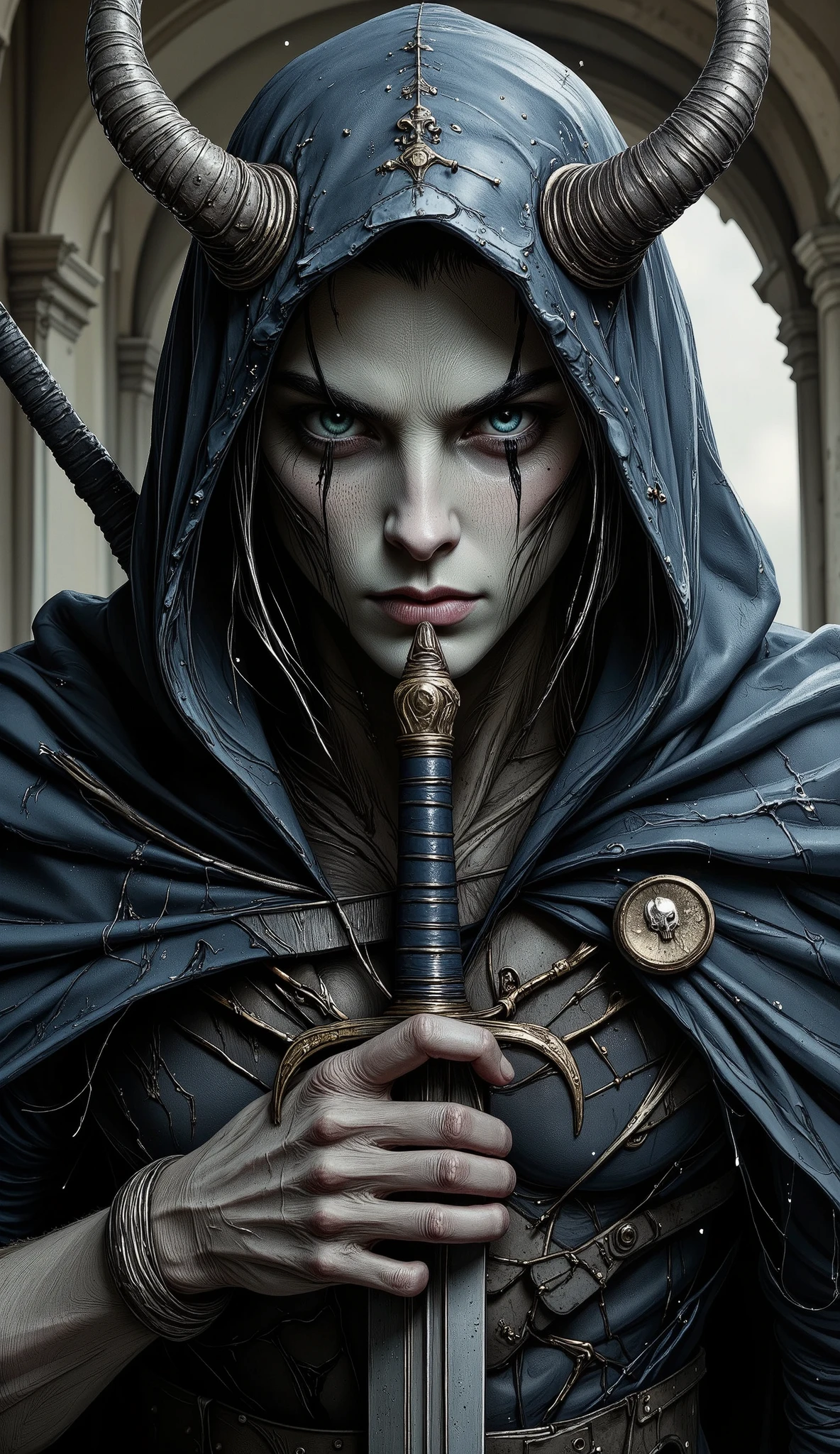  A close up of a person with a horned head and a sword., al estilo del  dark fantasy art ,  dark fantasy art ,  Dark Cloak Necromancer , Hermoso dios de la muerte masculino, dark priest  , Dark Hooded Spectre, hidden cyberpunk , Dark art style,    highly detailed dark art   ,   dark fantasy illustration  ,   Bloodborne art  , Chiaroscuro,  movie lighting, dithering, U High Definition, Retina,  masterpiece,  Precise,  Anatomically correct,   makeup,  super detail ,  High Details,  high quality,  awarded ,  Better Quality, highres, 1080P,  High Definition, 16K