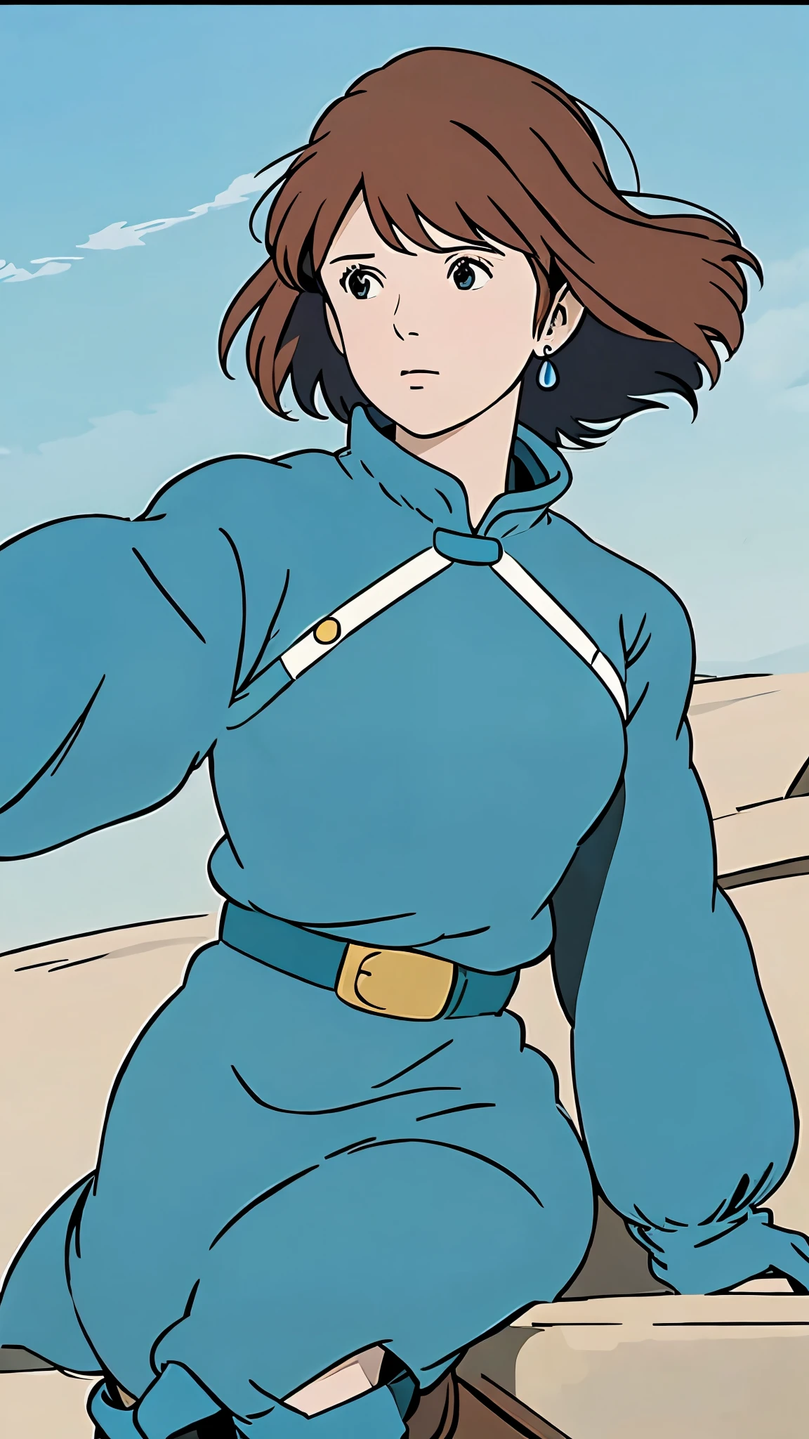 Famous Paintings、 best quality 、Nausicaa, 1girl 、 Blue Dress、 Long Sleeve 、Blue gloves、 spats、Knee Boots、 Audience 、 upper body、Moderate bust、Cloudy、 simple background、 see who sees 、pray、
