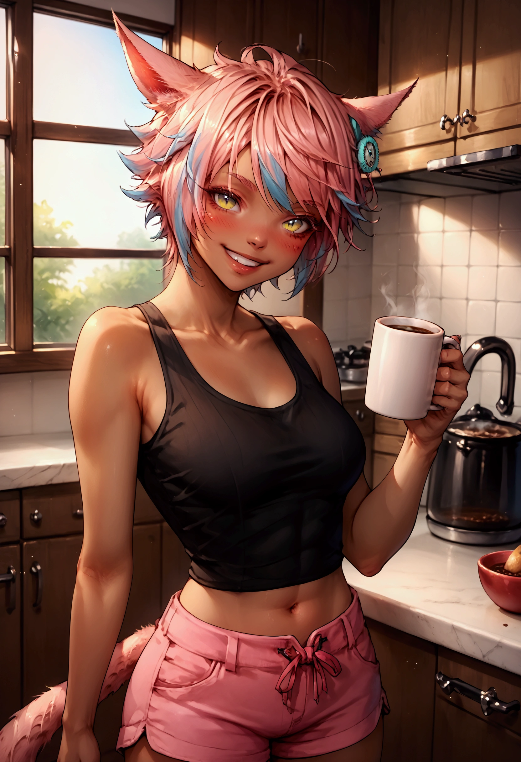 score_9, score_8_up, score_7_up, 1girl, yaana, miqo'te, feline eyes, multicolored hair, pink hair, kitchen, smile, teeth, blush, black tank top, shorts, navel, coffee mug in hand, offering viewer a mug,
