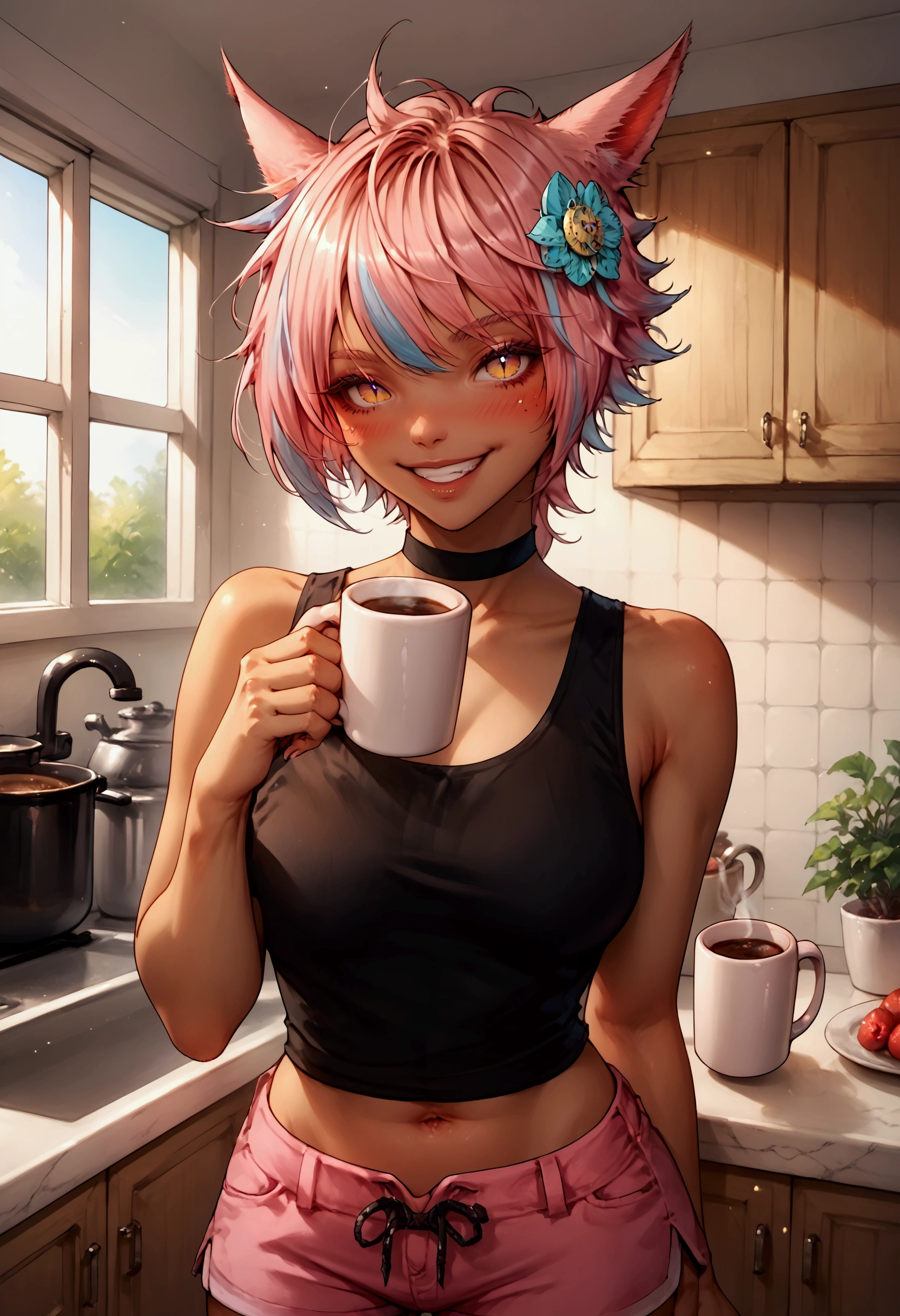 score_9, score_8_up, score_7_up, 1girl, yaana, miqo'te, feline eyes, multicolored hair, pink hair, kitchen, smile, teeth, blush, black tank top, shorts, navel, coffee mug in hand, offering viewer a mug,