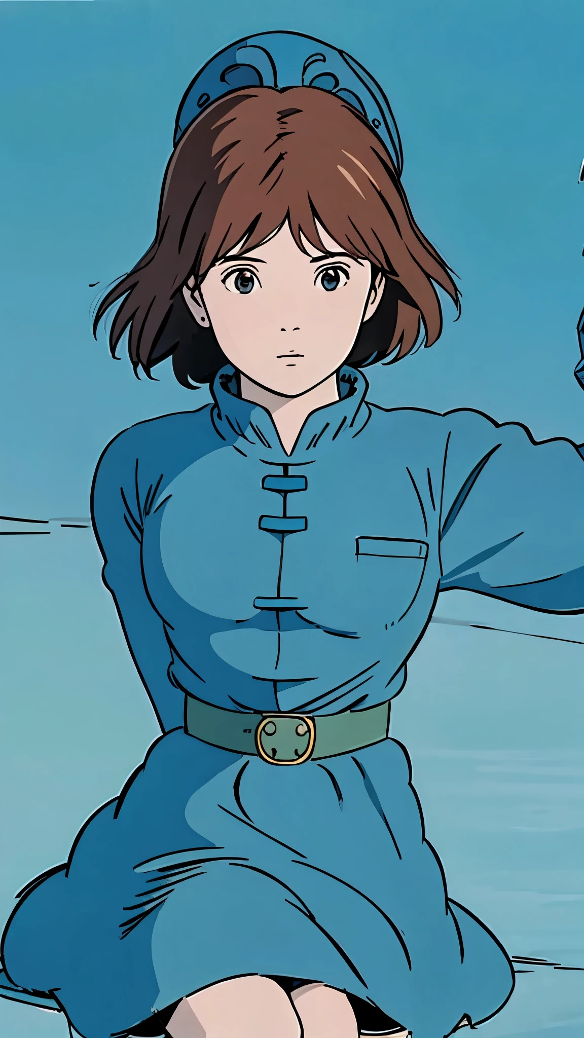 Famous Paintings、 best quality 、Nausicaa, 1girl 、 Blue Dress、 Long Sleeve 、Blue gloves、 spats、Knee Boots、 Audience 、 upper body、Moderate bust、Cloudy、 simple background、 see who sees 、 spread your arms
