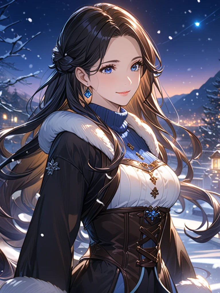 top-quality、anime style, Top image quality、closed mouth, beautiful night background, half bust, close up, 30yo woman, wind, a lot of snow outside, without bangs, no bangs, no bangs, forehead without bangs, woman with((Beautiful blue eyes、 curly hairs, long hair, very long hair, touching her hairs,  without bangs, black hair, black pants, blue-white turtleneck sweater,   big breasts, sapphire earring,  beautiful hair,  without bangs, smile, curly black hairs,  aesthetic style, brown corset, blue scalf, classic fantasy outfit,  beautiful eyes,  black hair, winter, cold, night, )）hiquality、Beautiful Art、Background with((blue-sky、Wagas)), snow, wind,  winter background, masutepiece、The best lighting、highestdetailed、8ｋ

